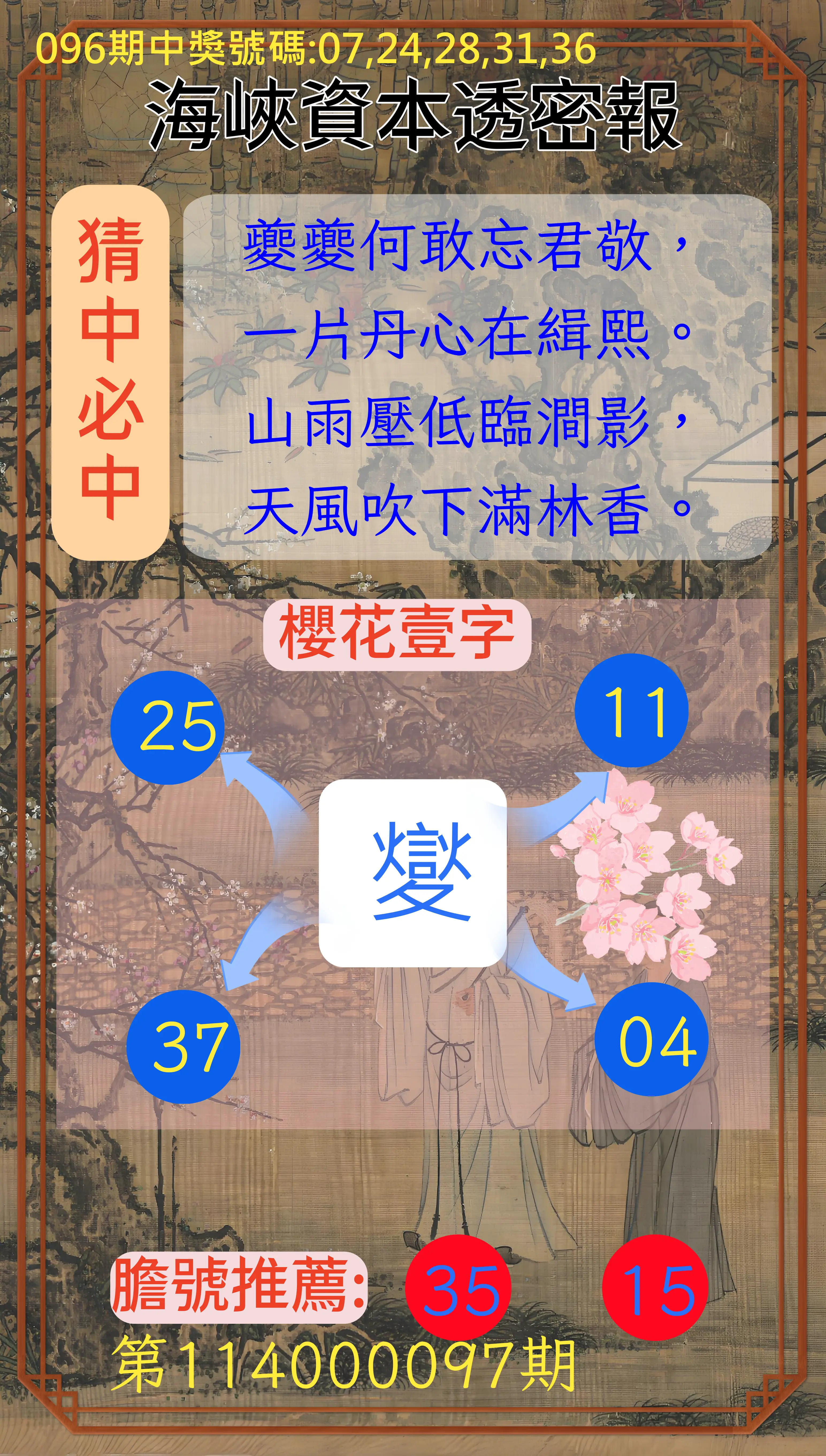 今彩539第114000097期海峽資本透密報