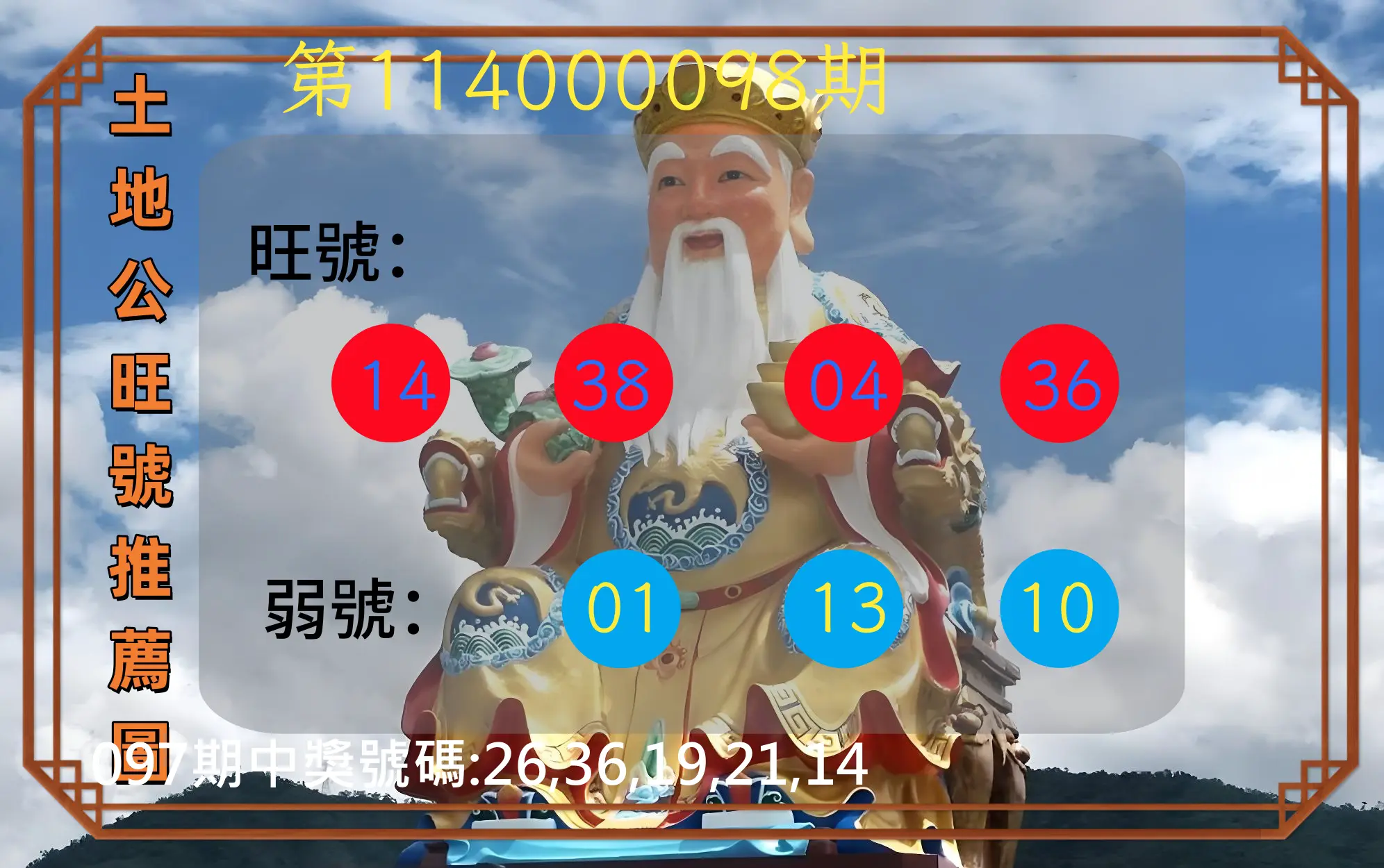 今彩539第114000098期土地公旺號推薦圖