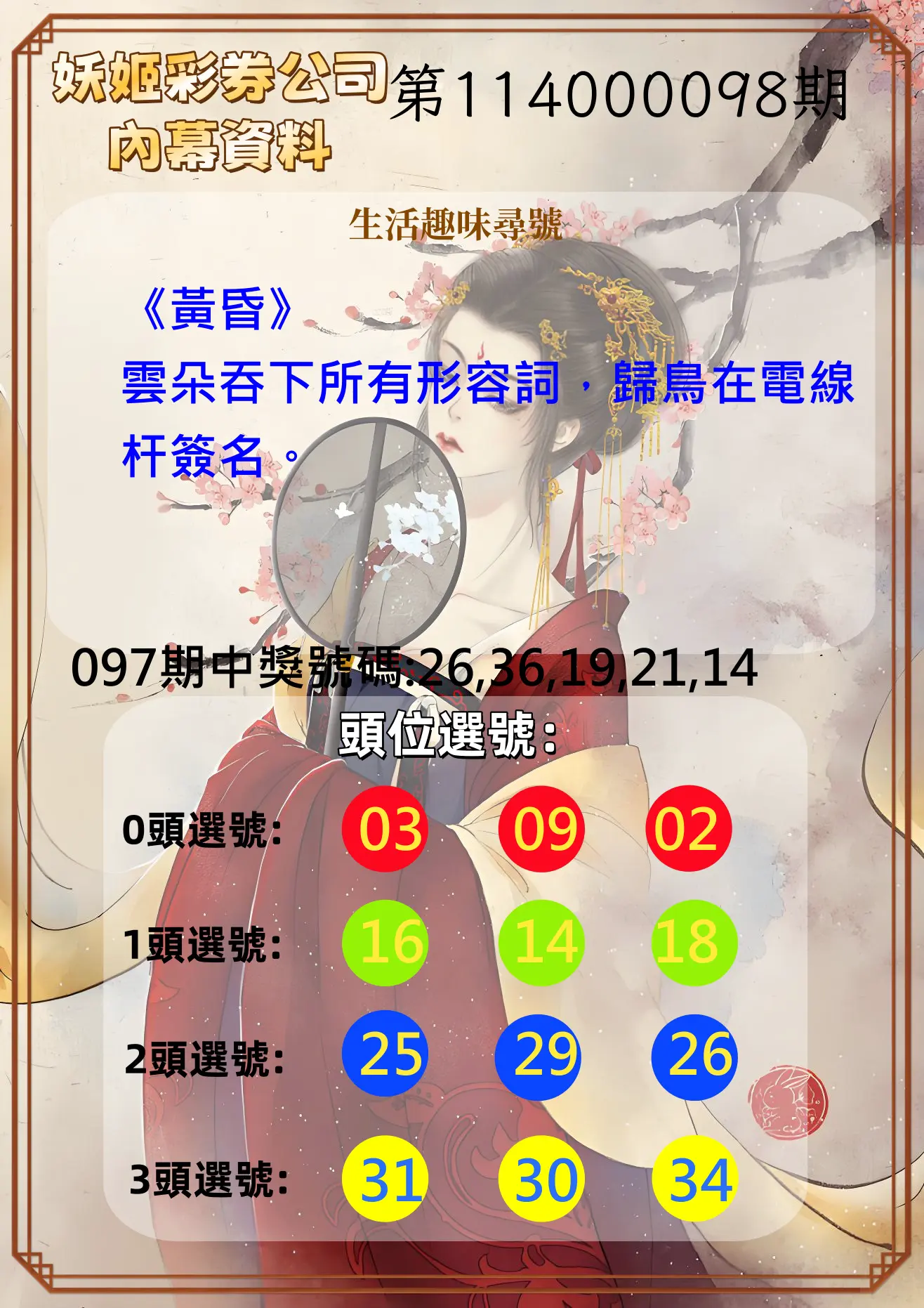 今彩539第114000098期妖姬彩券公司內幕資料