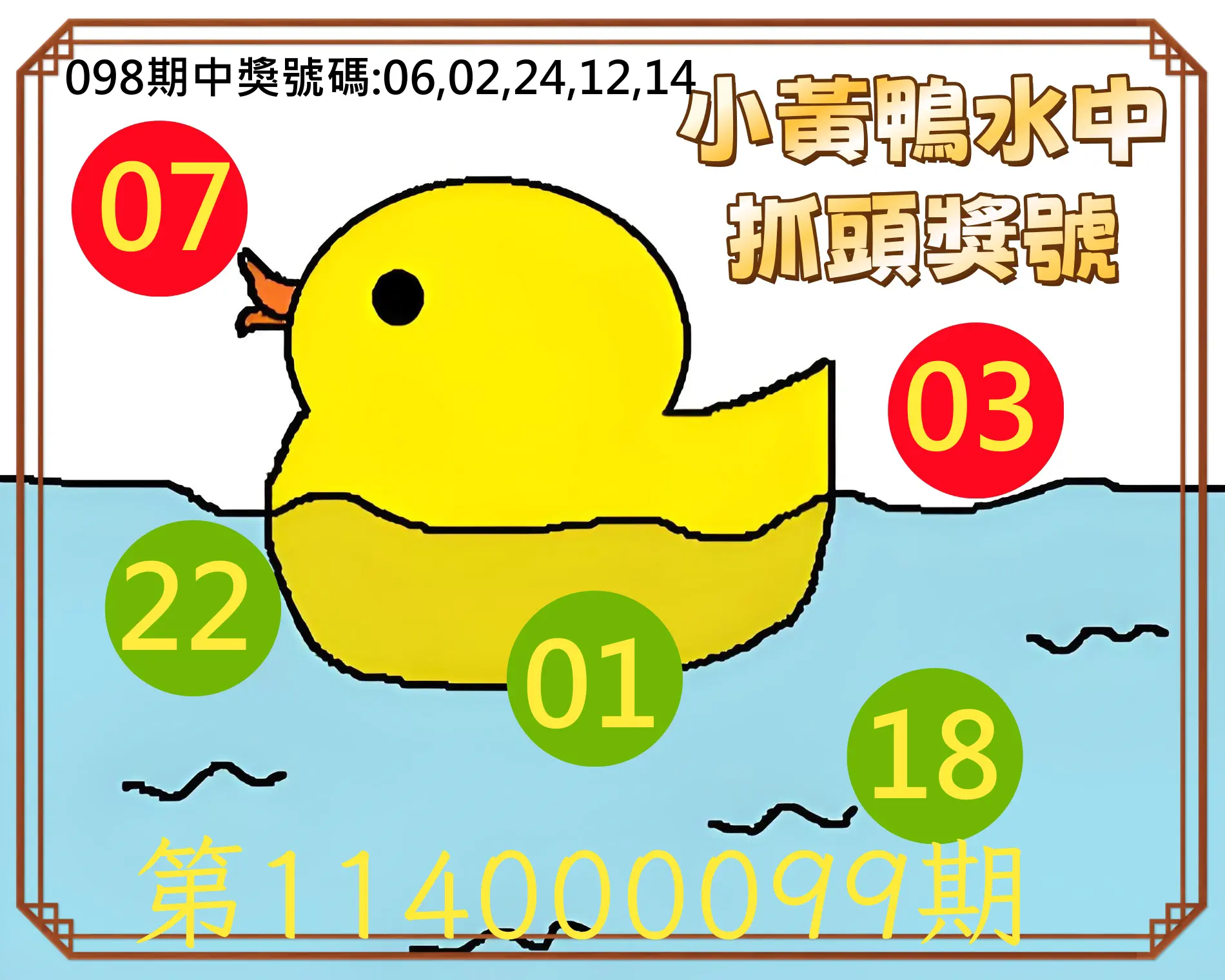 今彩539第114000099期小黃鴨水中抓頭獎號
