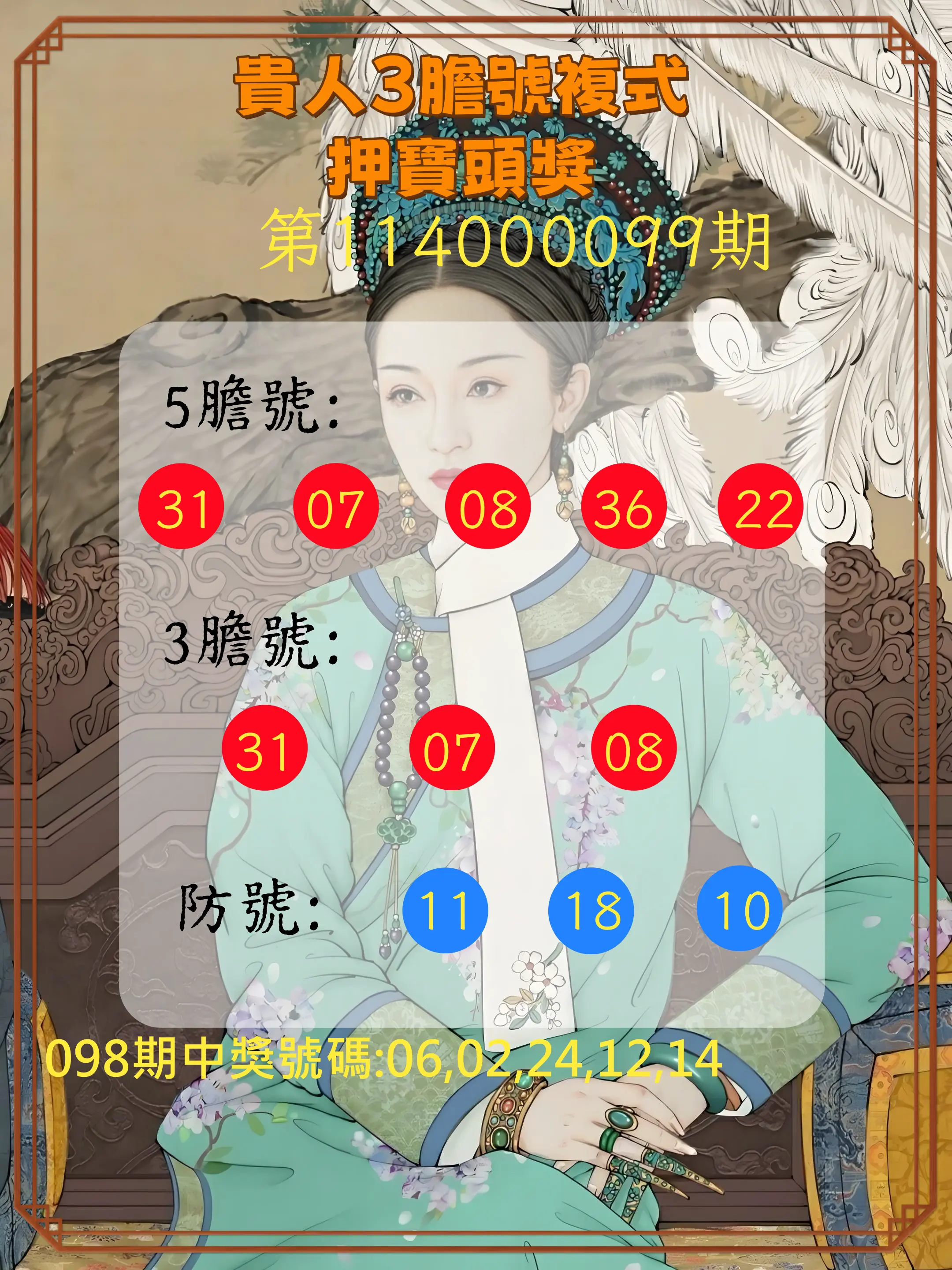 今彩539第114000099期貴人3膽號複式押寶頭獎