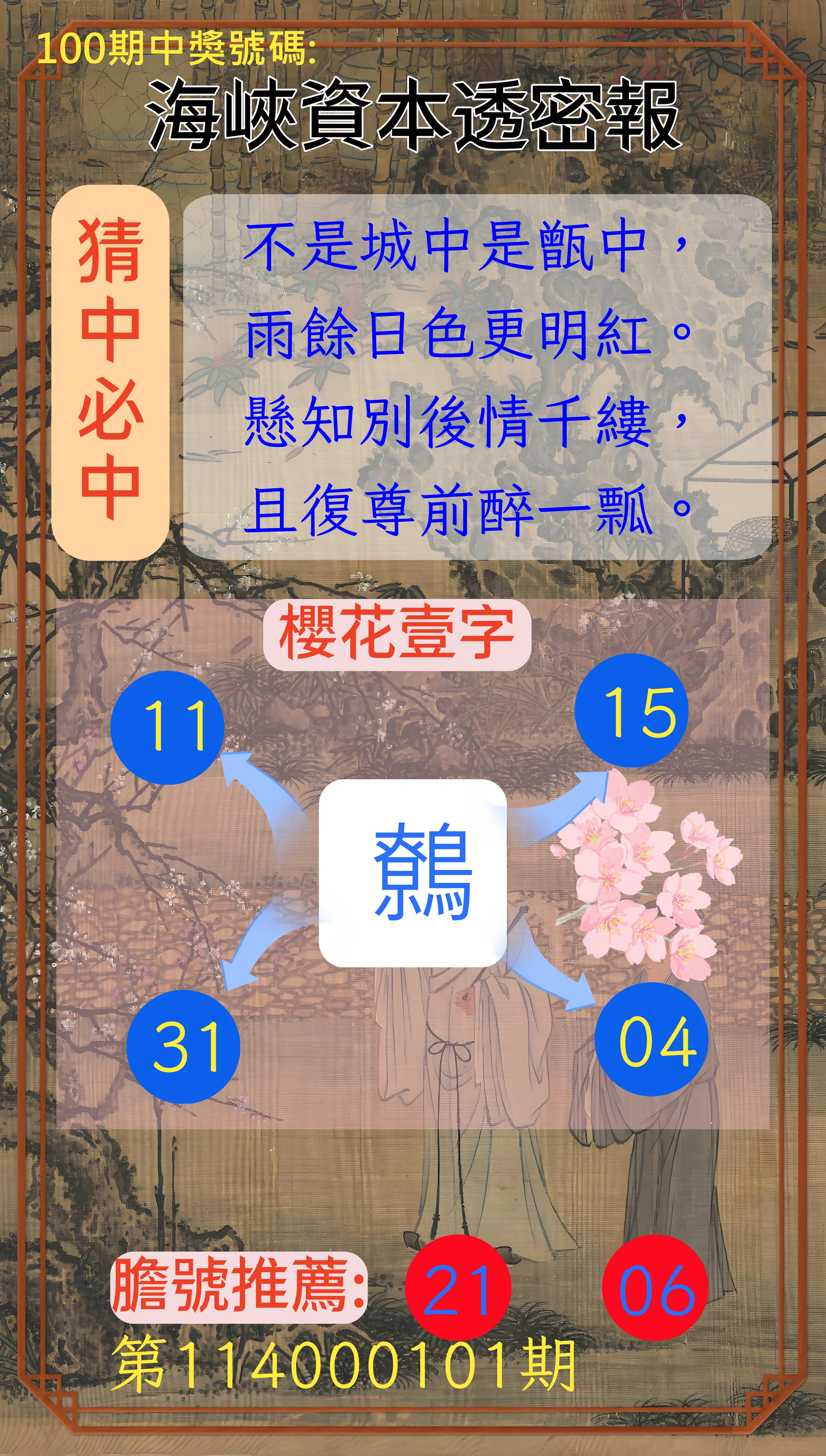 今彩539第114000101期海峽資本透密報