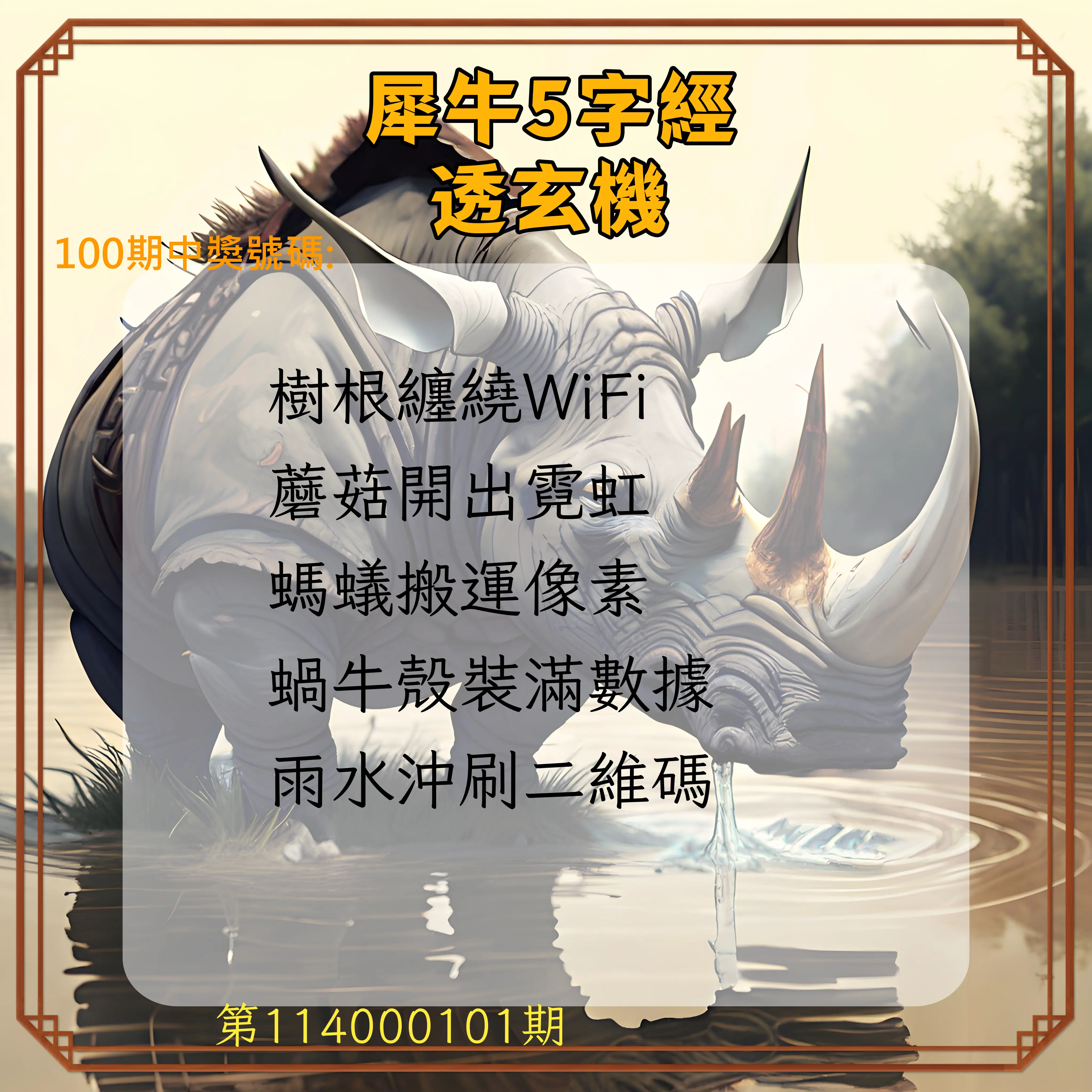 今彩539第114000101期犀牛5字經透玄機