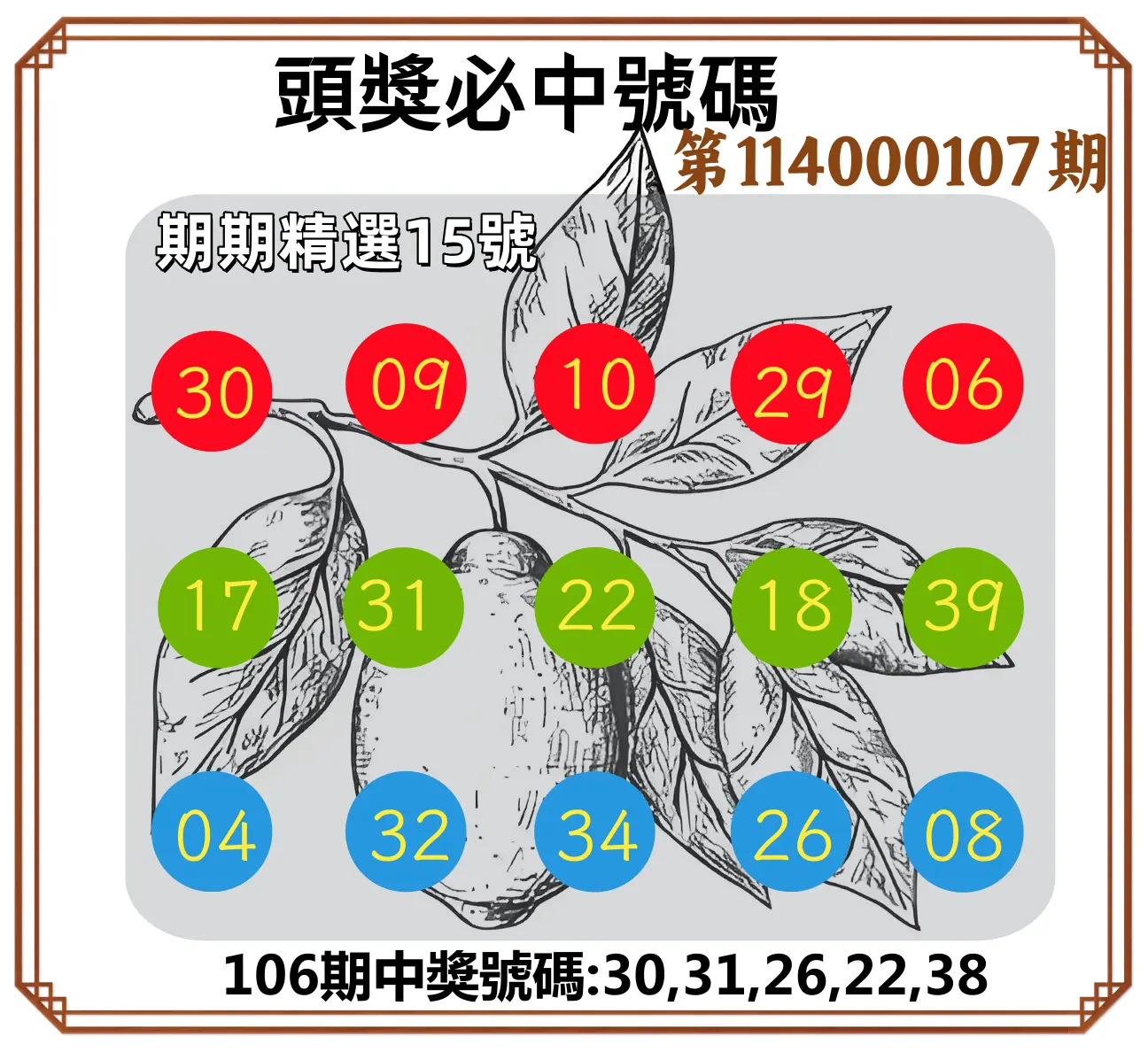 今彩539第114000107期頭獎號碼