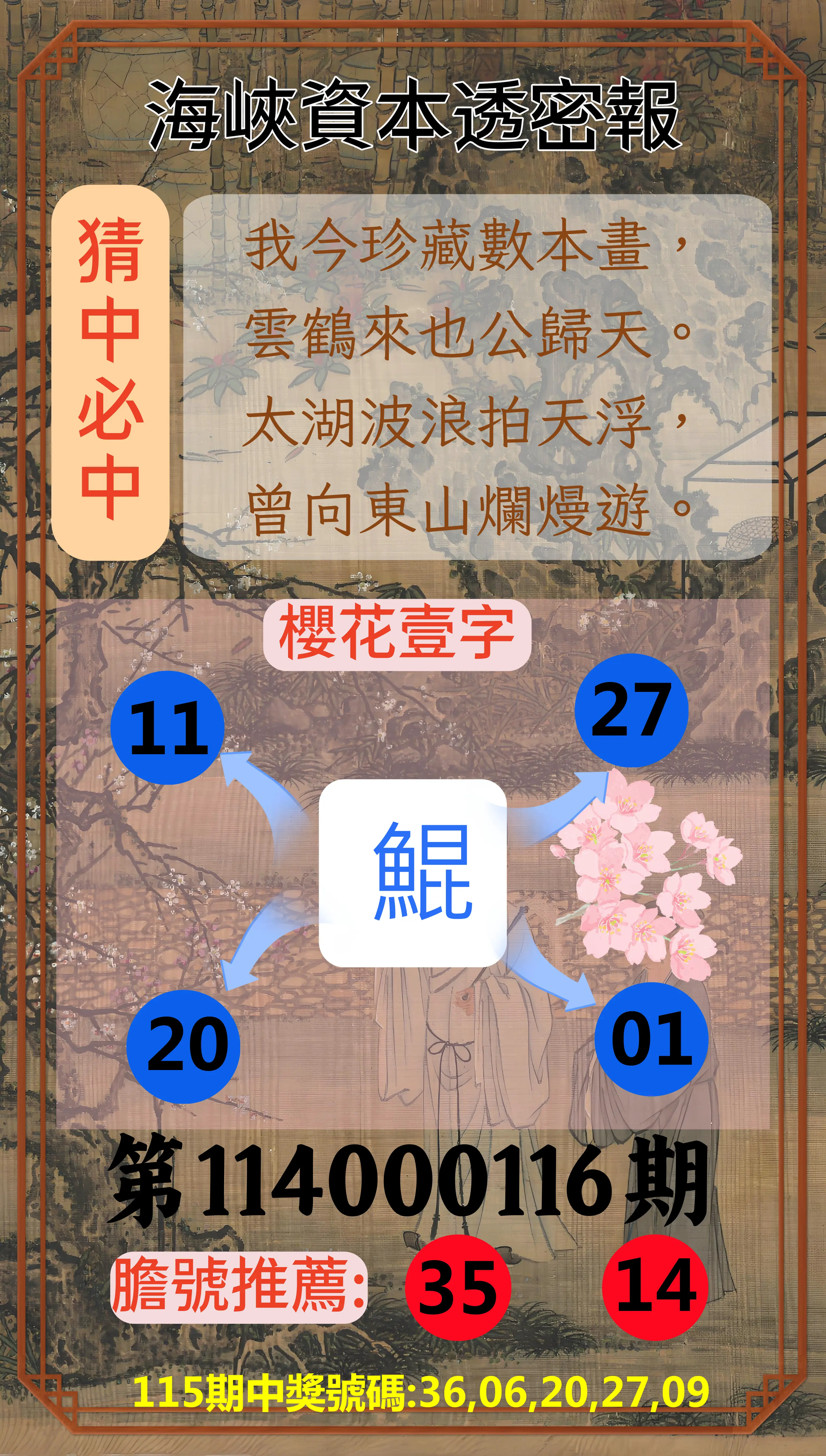 今彩539第114000116期海峽資本透密報