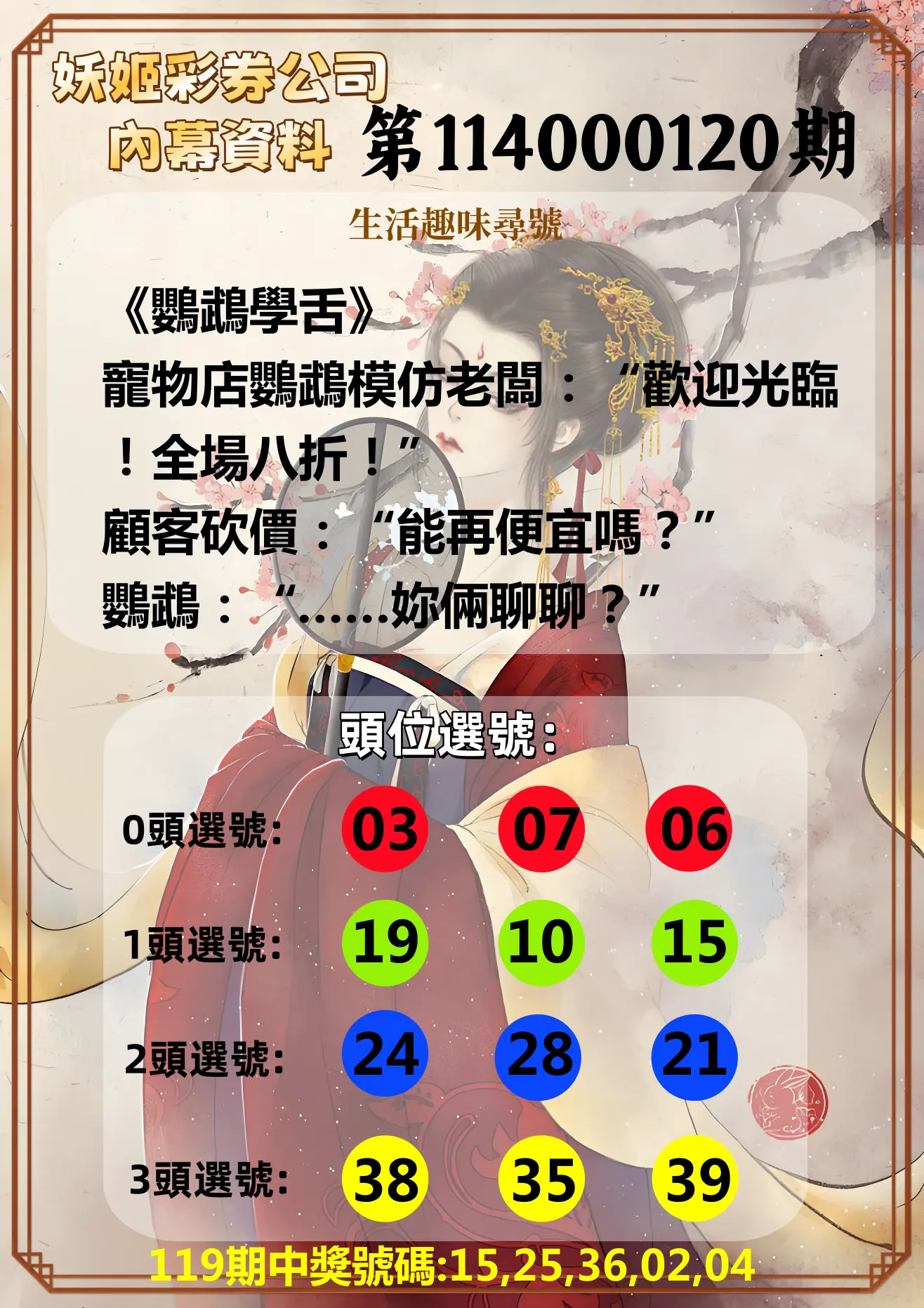 今彩539第114000120期妖姬彩券公司內幕資料