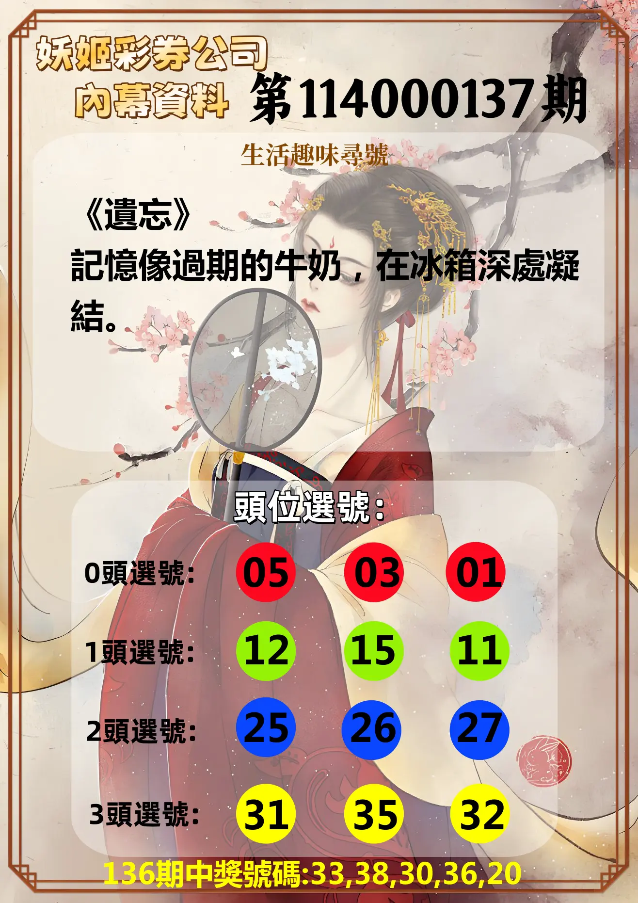 今彩539第114000137期妖姬彩券公司內幕資料
