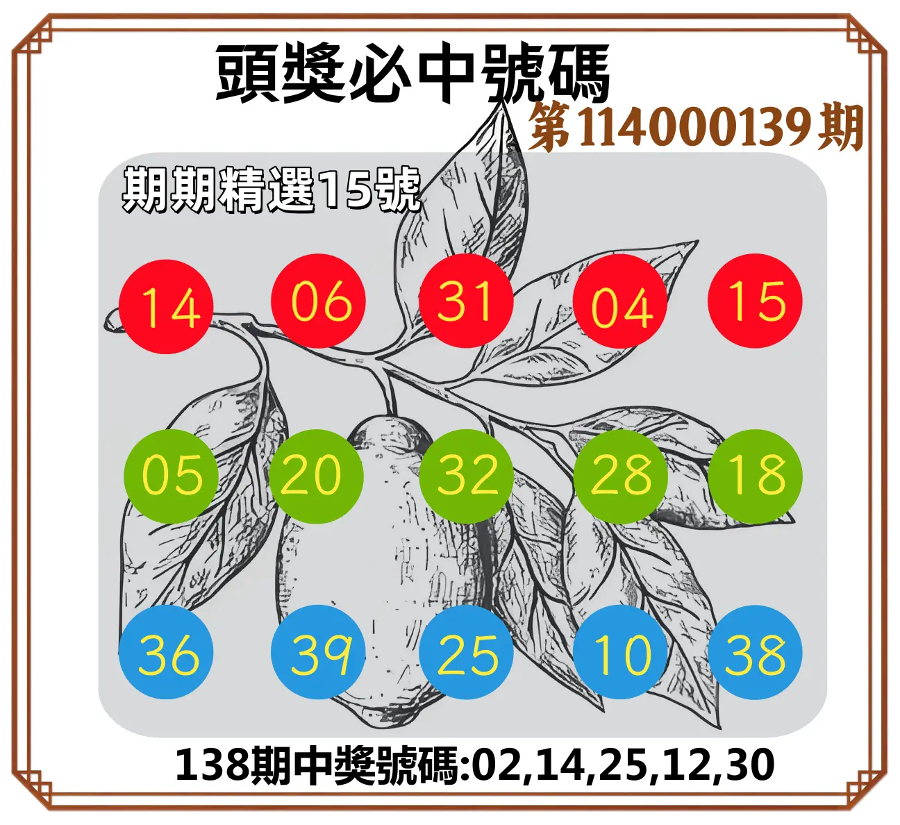 今彩539第114000139期頭獎號碼