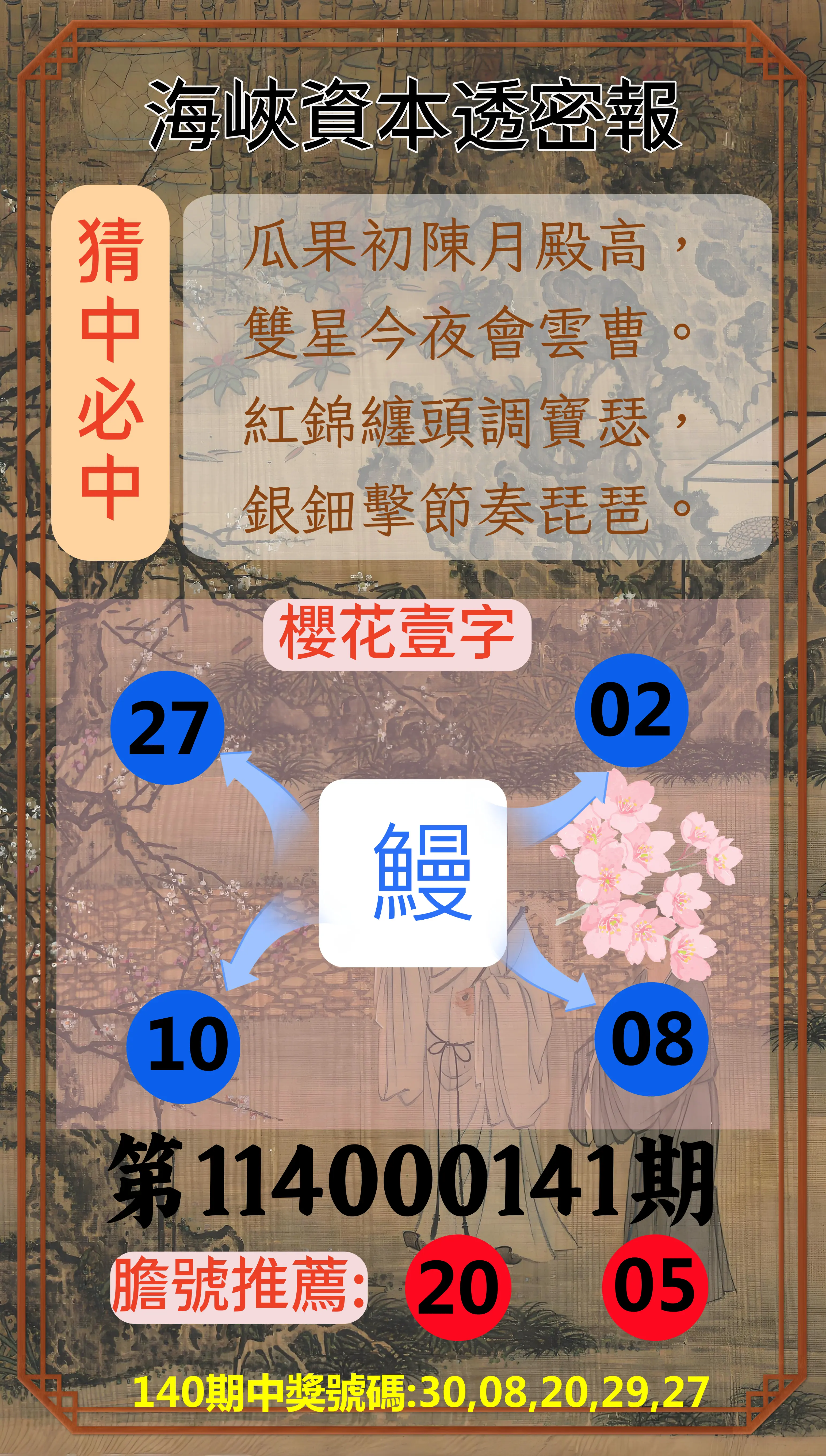 今彩539第114000141期海峽資本透密報