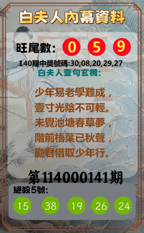 今彩539第114000141期白夫人內幕資料