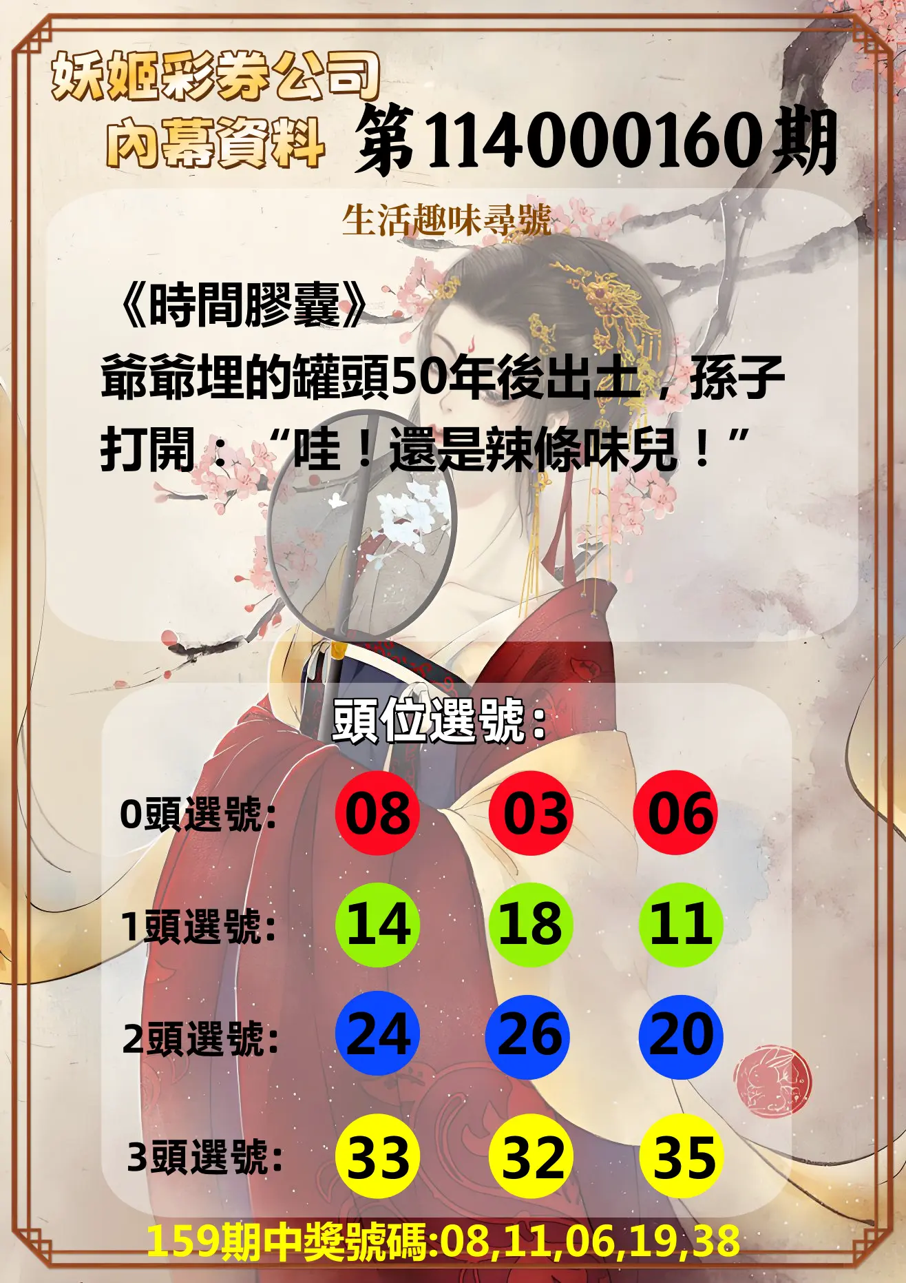 今彩539第114000160期(07/03)妖姬彩券公司內幕資料