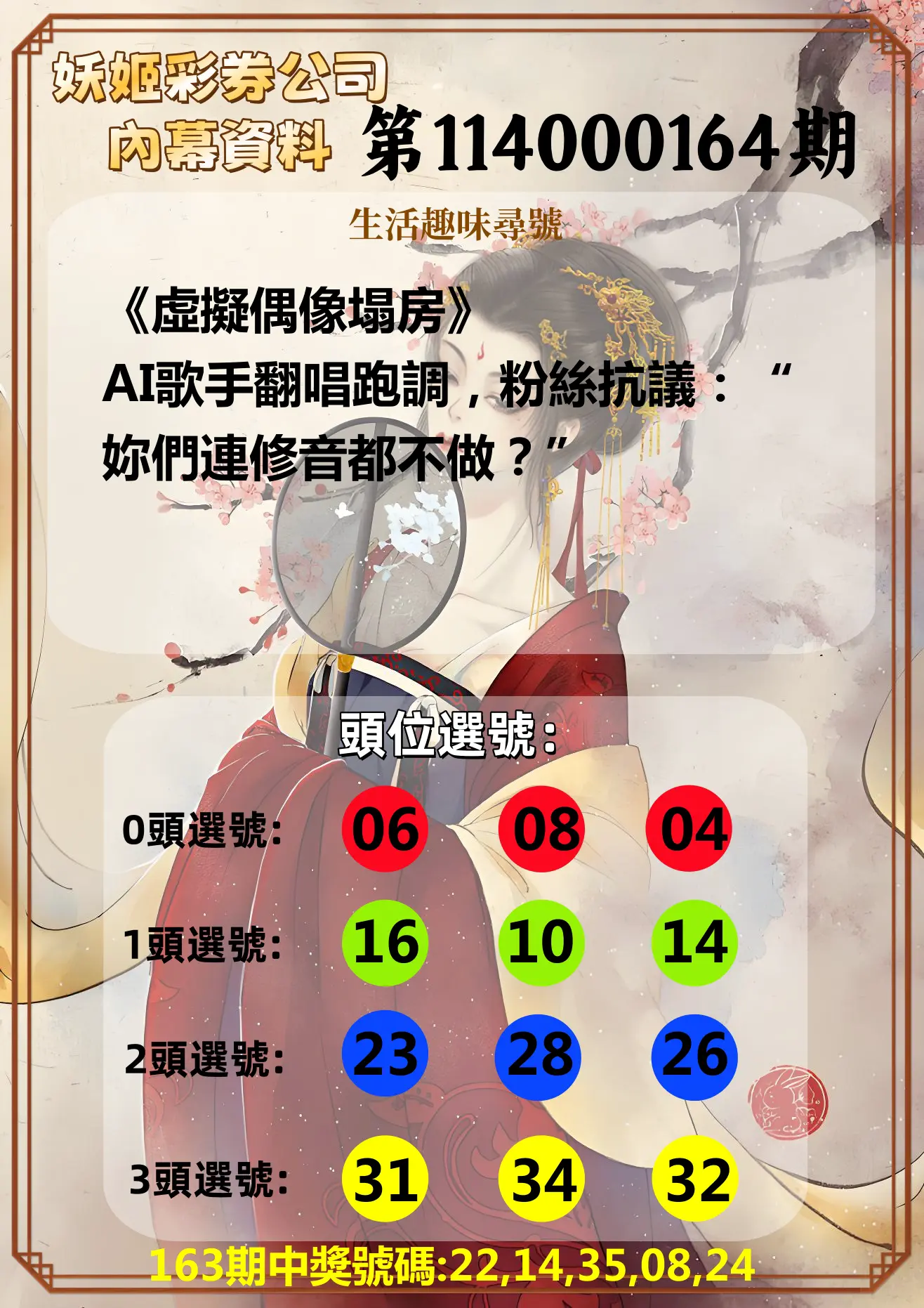 今彩539第114000164期(07/07)妖姬彩券公司內幕資料