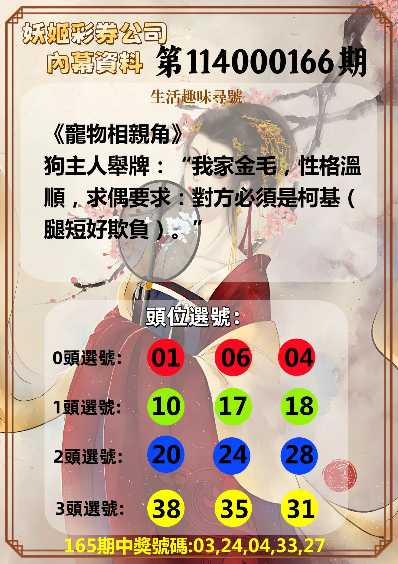 今彩539第114000166期(07/09)妖姬彩券公司內幕資料