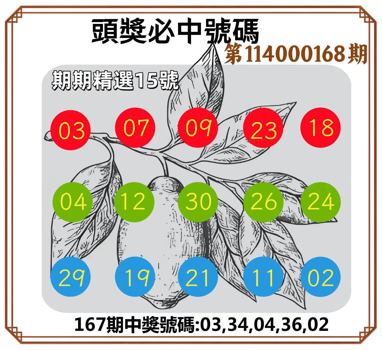 今彩539第114000168期(07/11)頭獎號碼