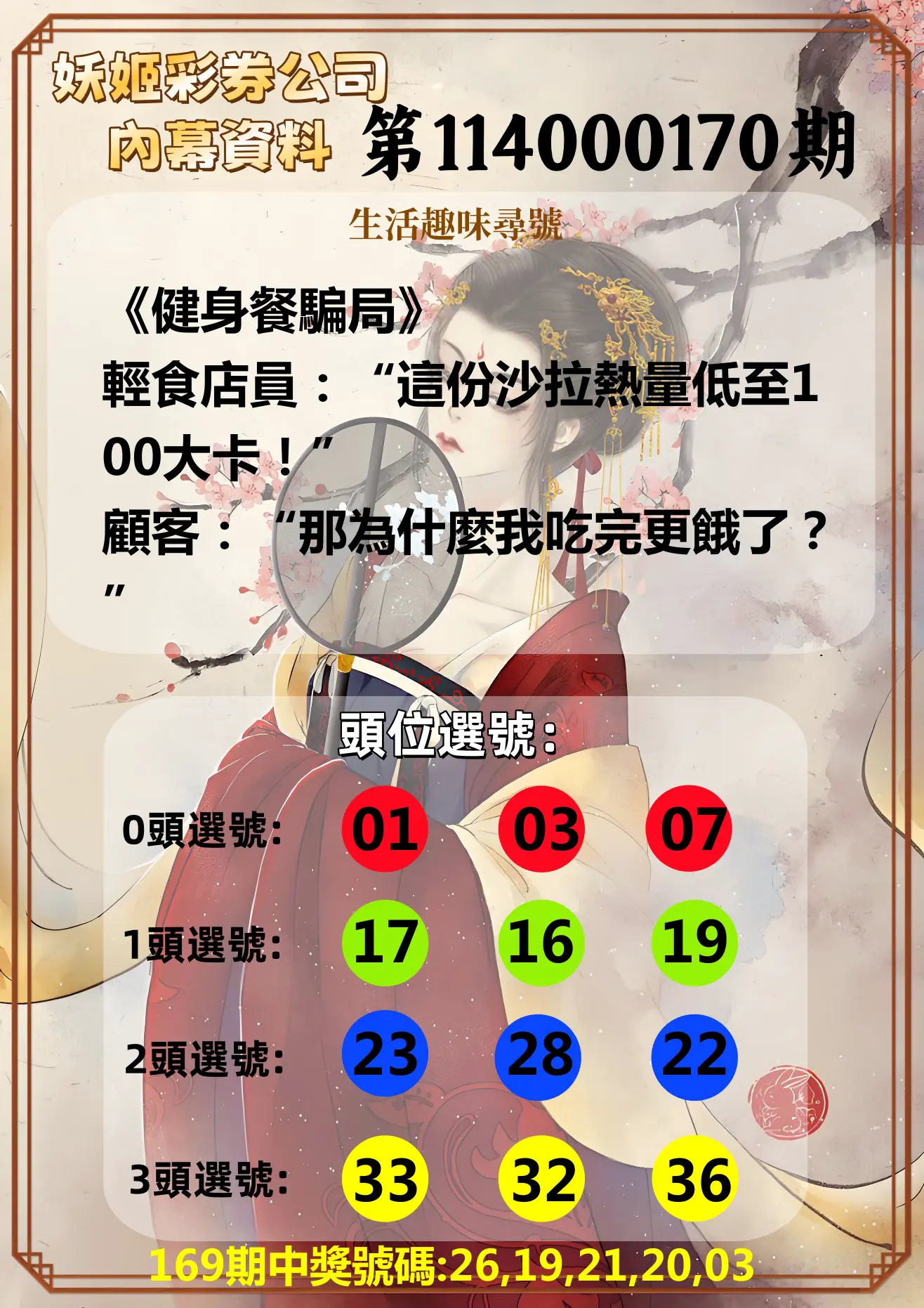 今彩539第114000170期(07/14)妖姬彩券公司內幕資料