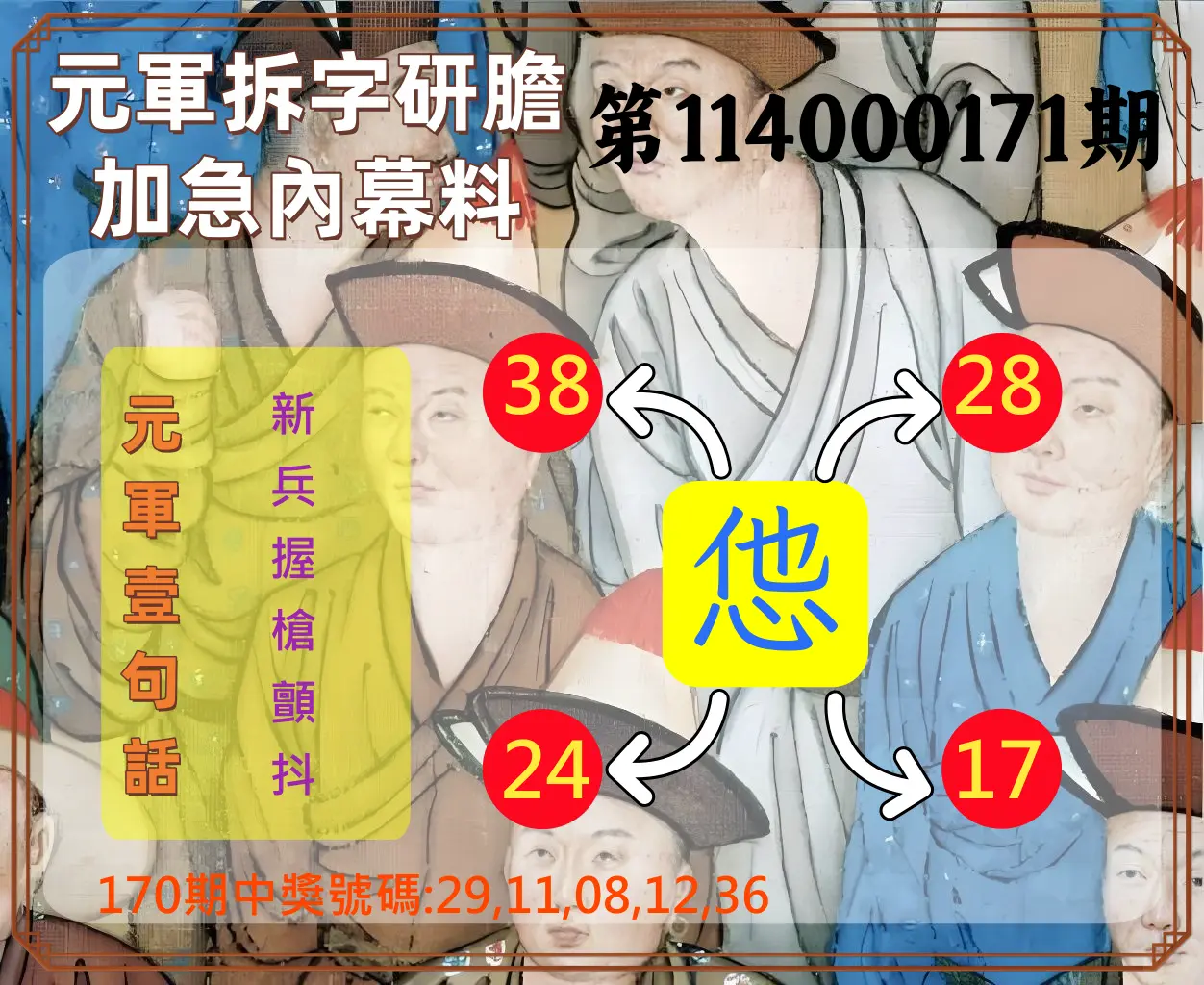 今彩539第114000171期(07/15)元軍拆字研膽加急內幕料