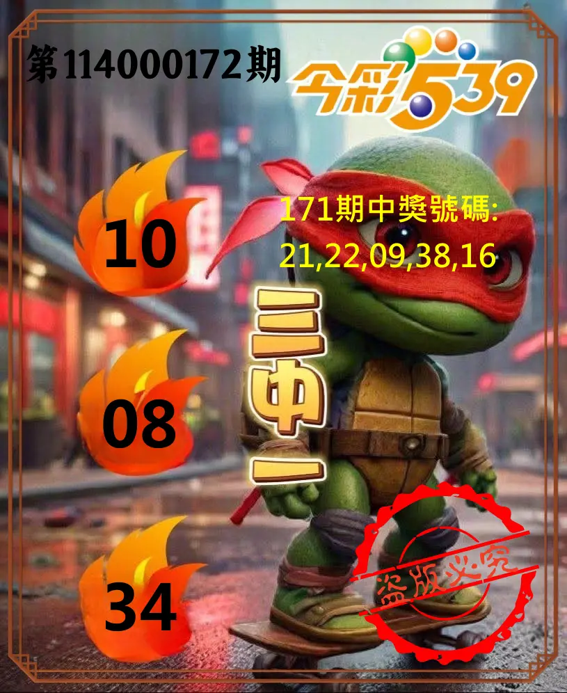 今彩539第114000172期(07/16)今彩539青蛙王子三中壹牌號預測