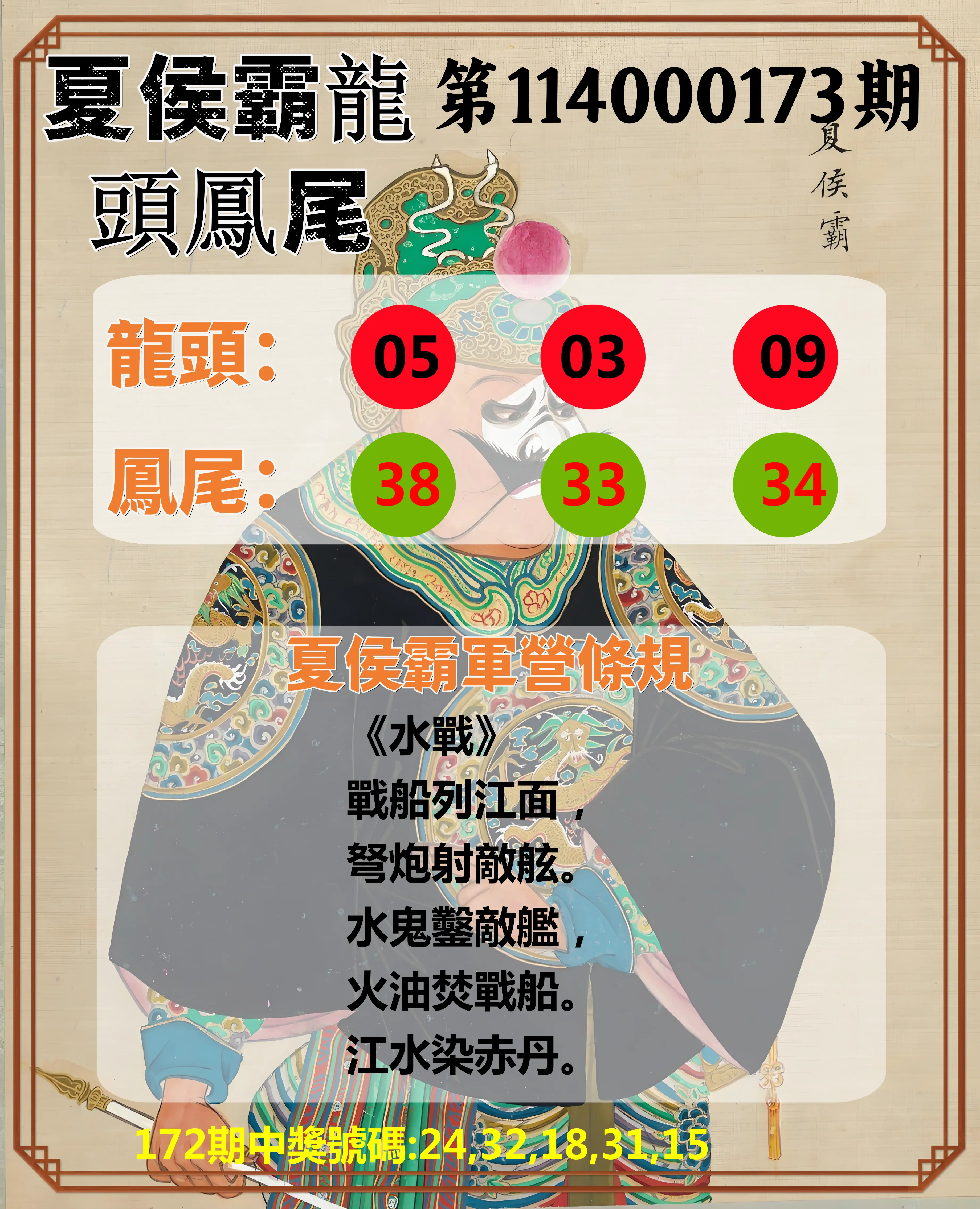 今彩539第114000173期(07/17)夏侯霸龍頭鳳尾