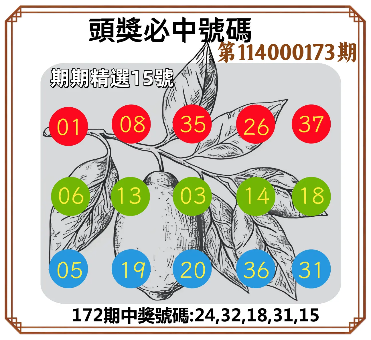 今彩539第114000173期(07/17)頭獎號碼