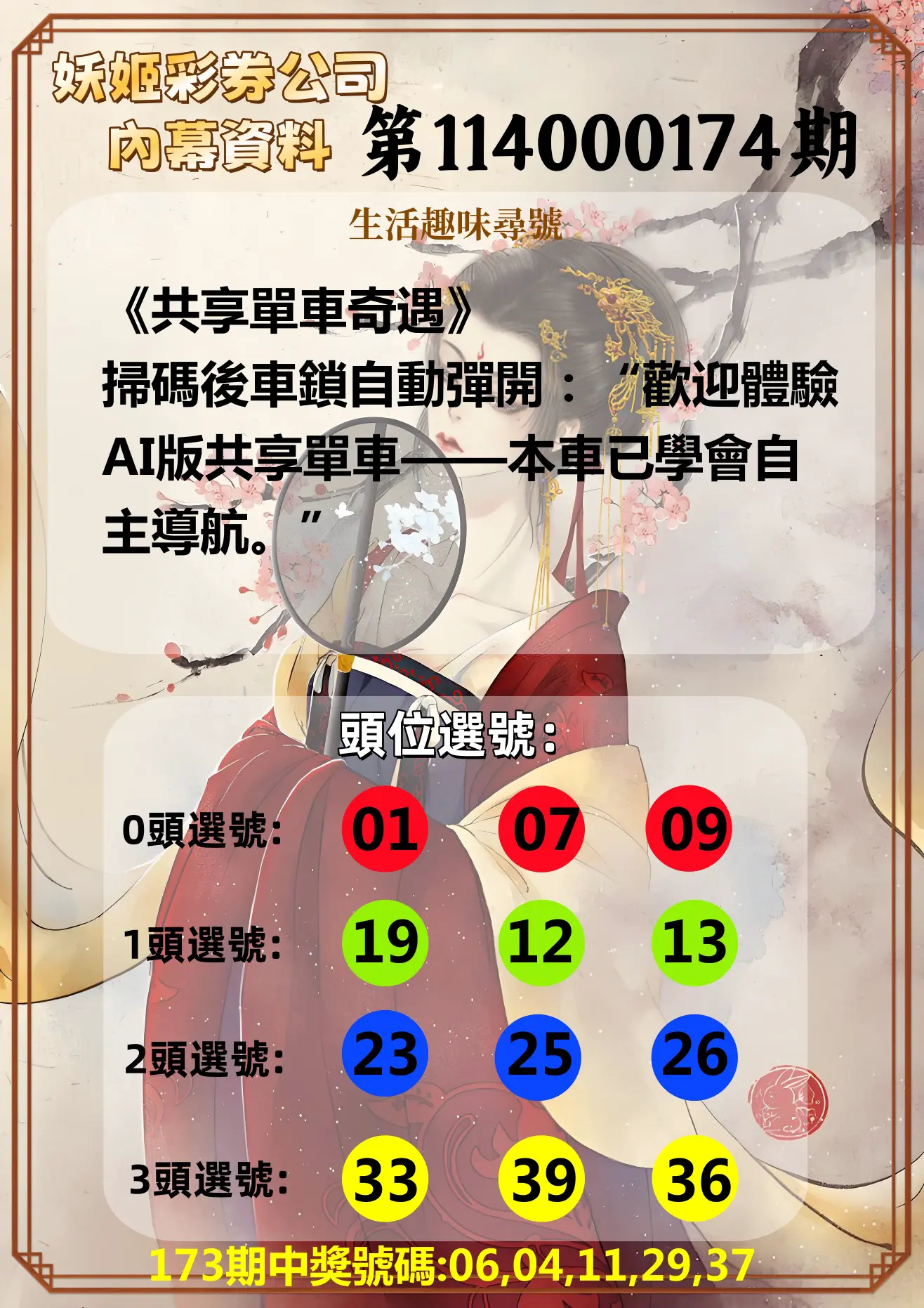 今彩539第114000174期(07/18)妖姬彩券公司內幕資料