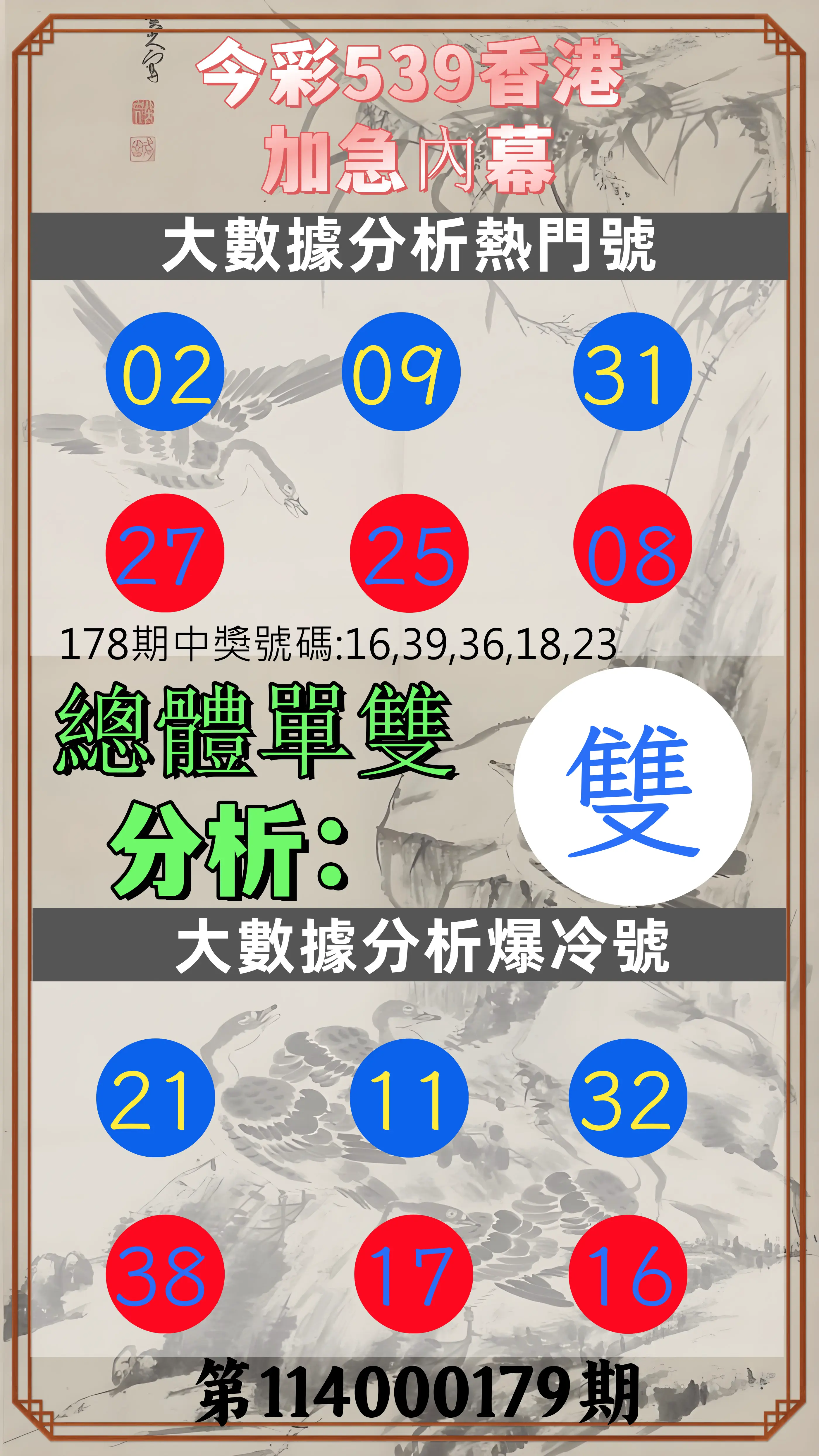 今彩539第114000179期(07/24)今彩539香港加急內幕