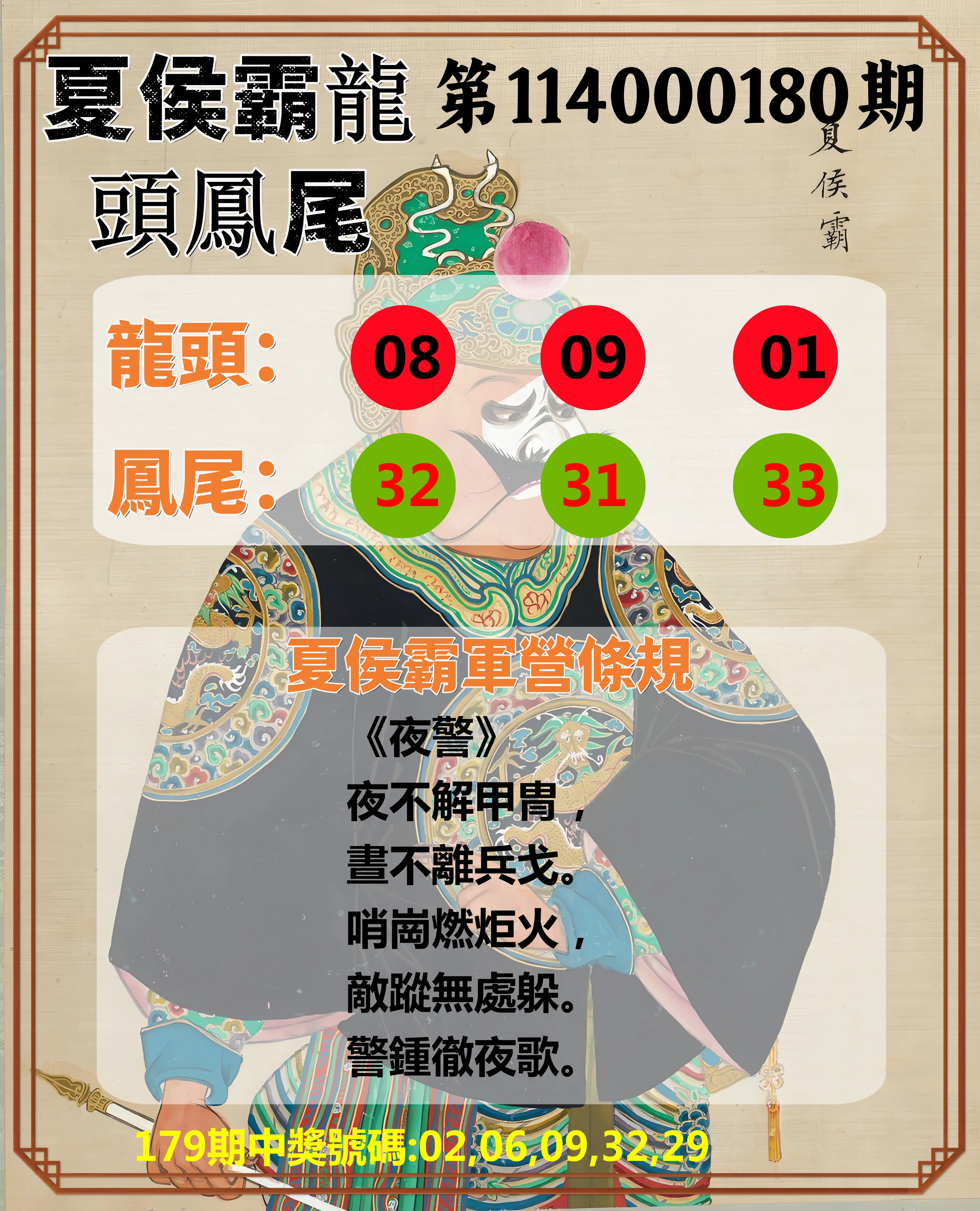 今彩539第114000180期(07/25)夏侯霸龍頭鳳尾