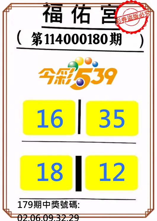 今彩539第114000180期(07/25)正版今彩539福佑宮牌號