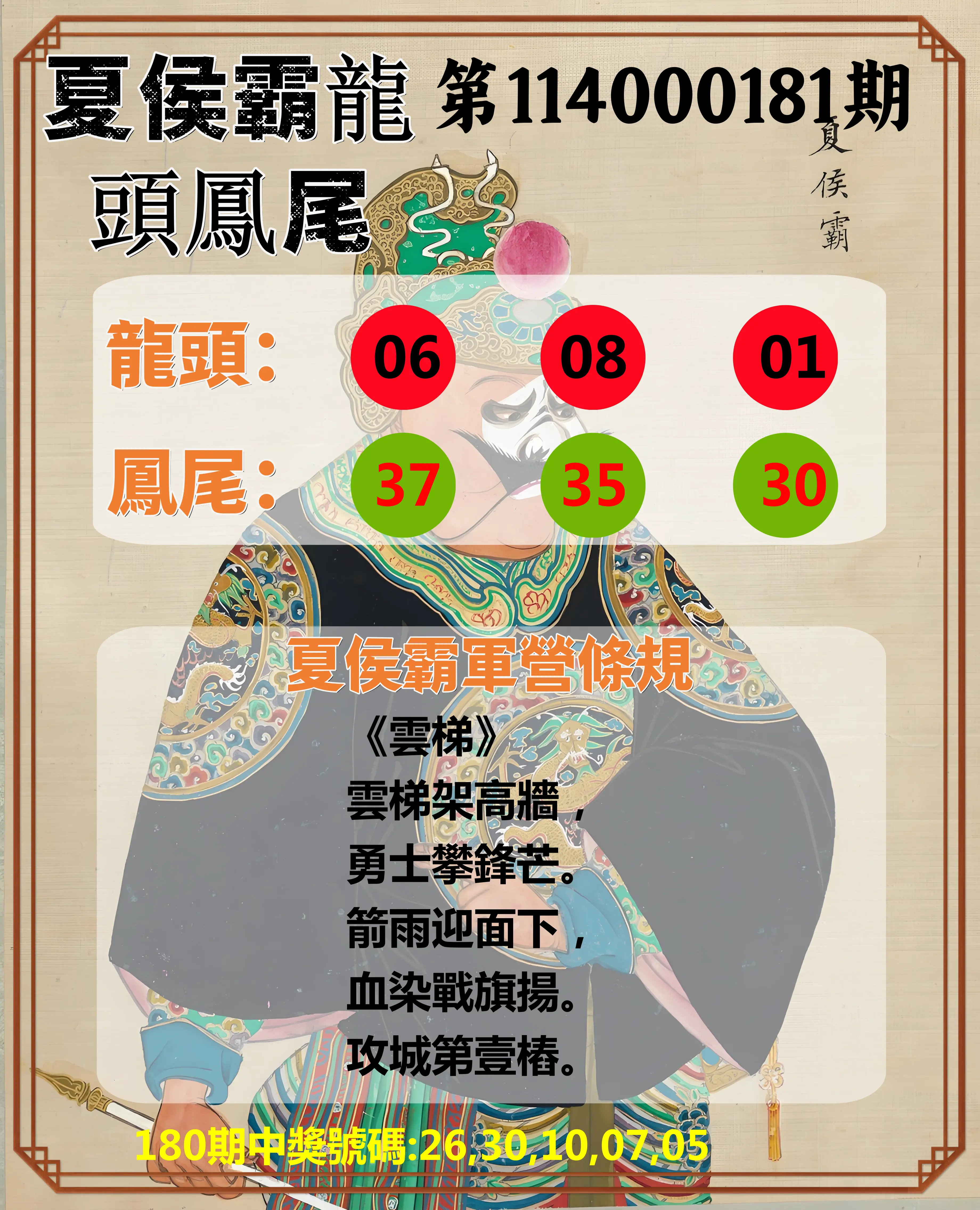 今彩539第114000181期(07/26)夏侯霸龍頭鳳尾