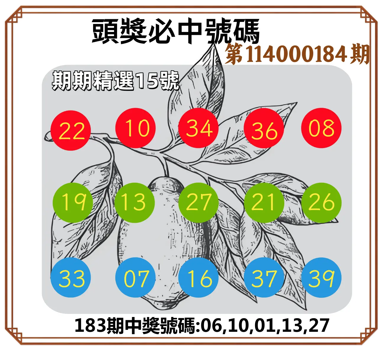 今彩539第114000184期(07/30)頭獎號碼