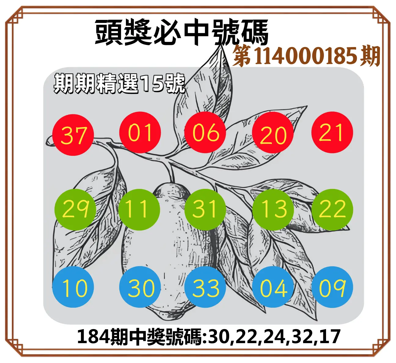 今彩539第114000185期(07/31)頭獎號碼