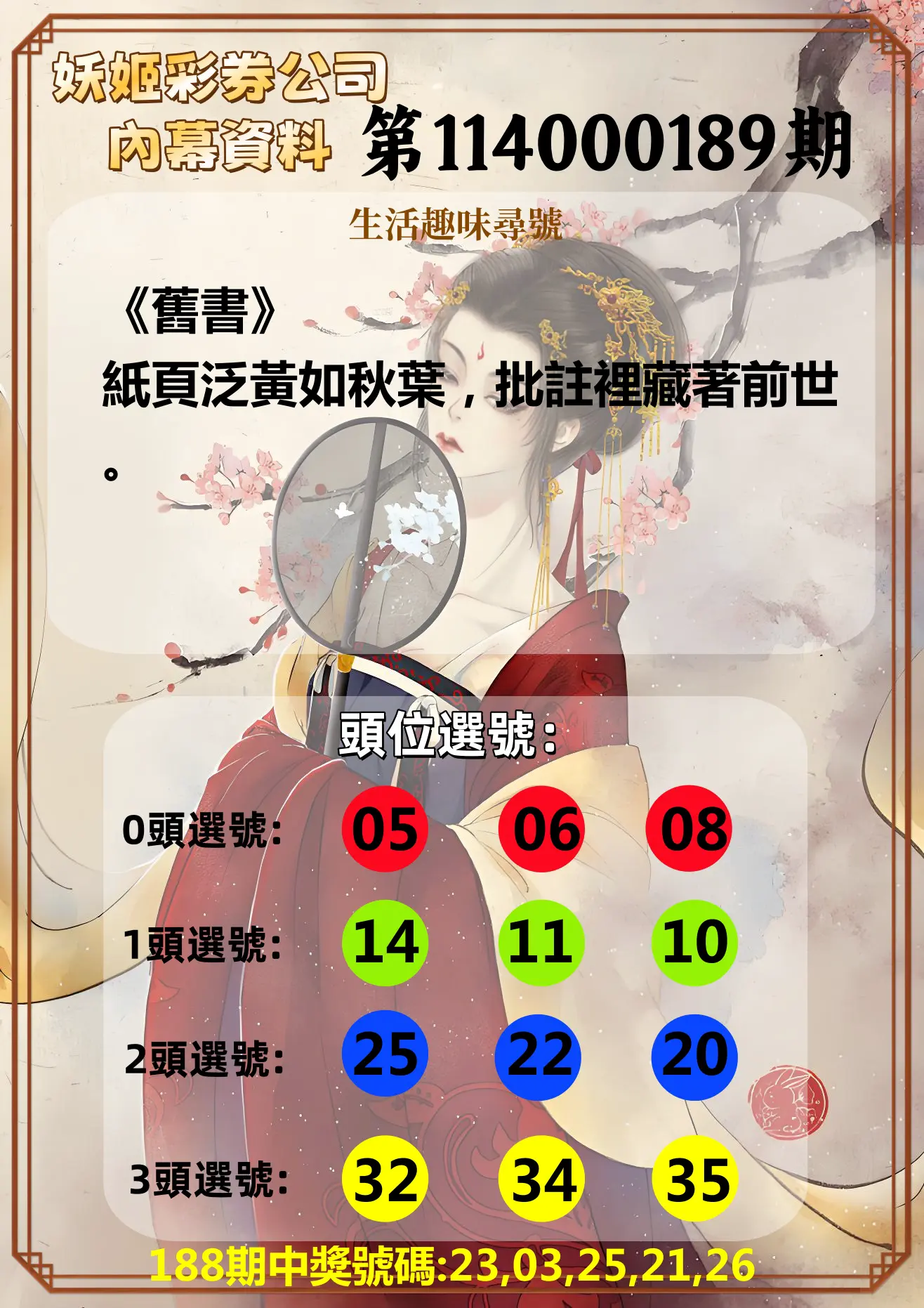 今彩539第114000189期(08/05)妖姬彩券公司內幕資料