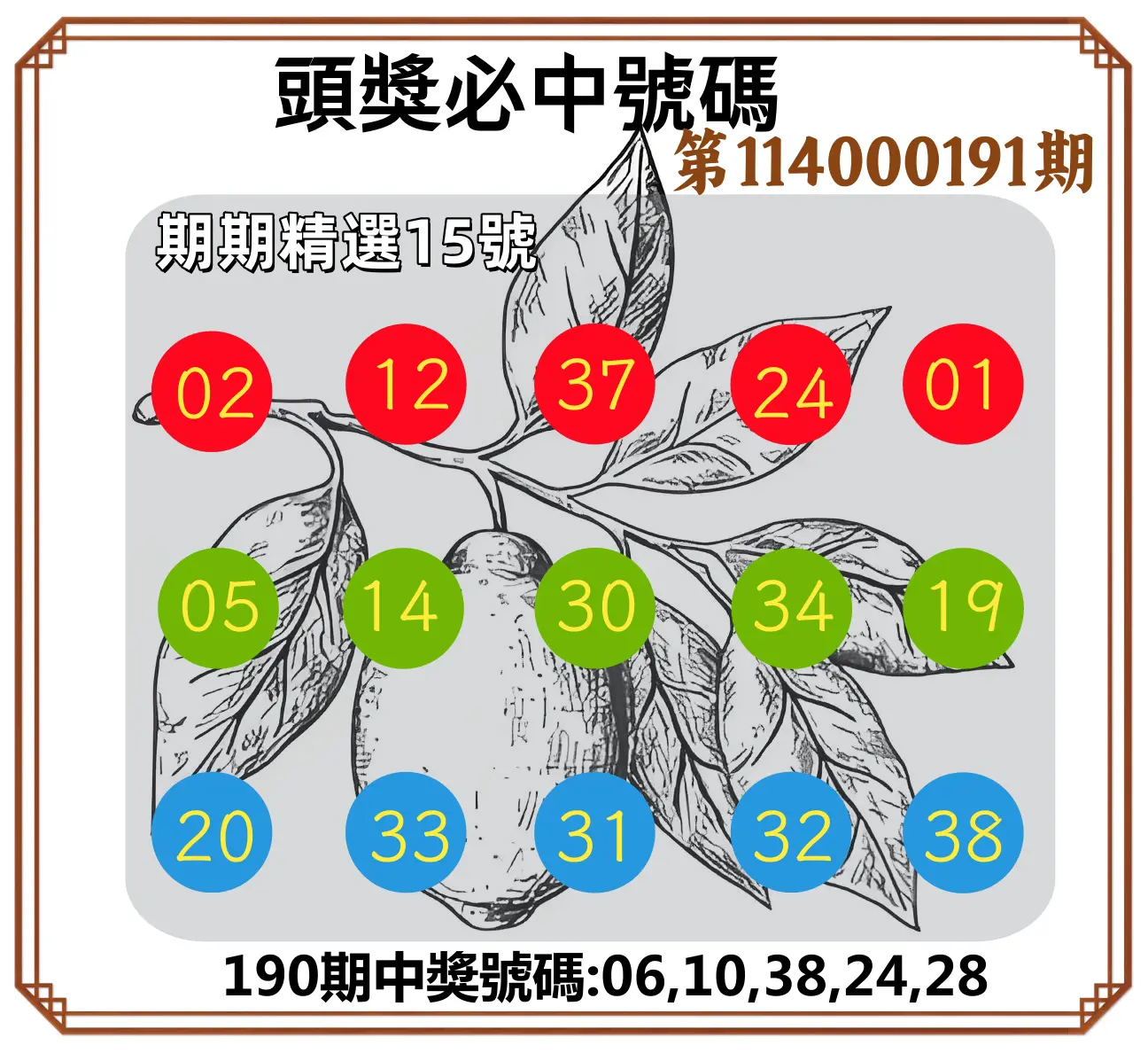 今彩539第114000191期(08/07)頭獎號碼