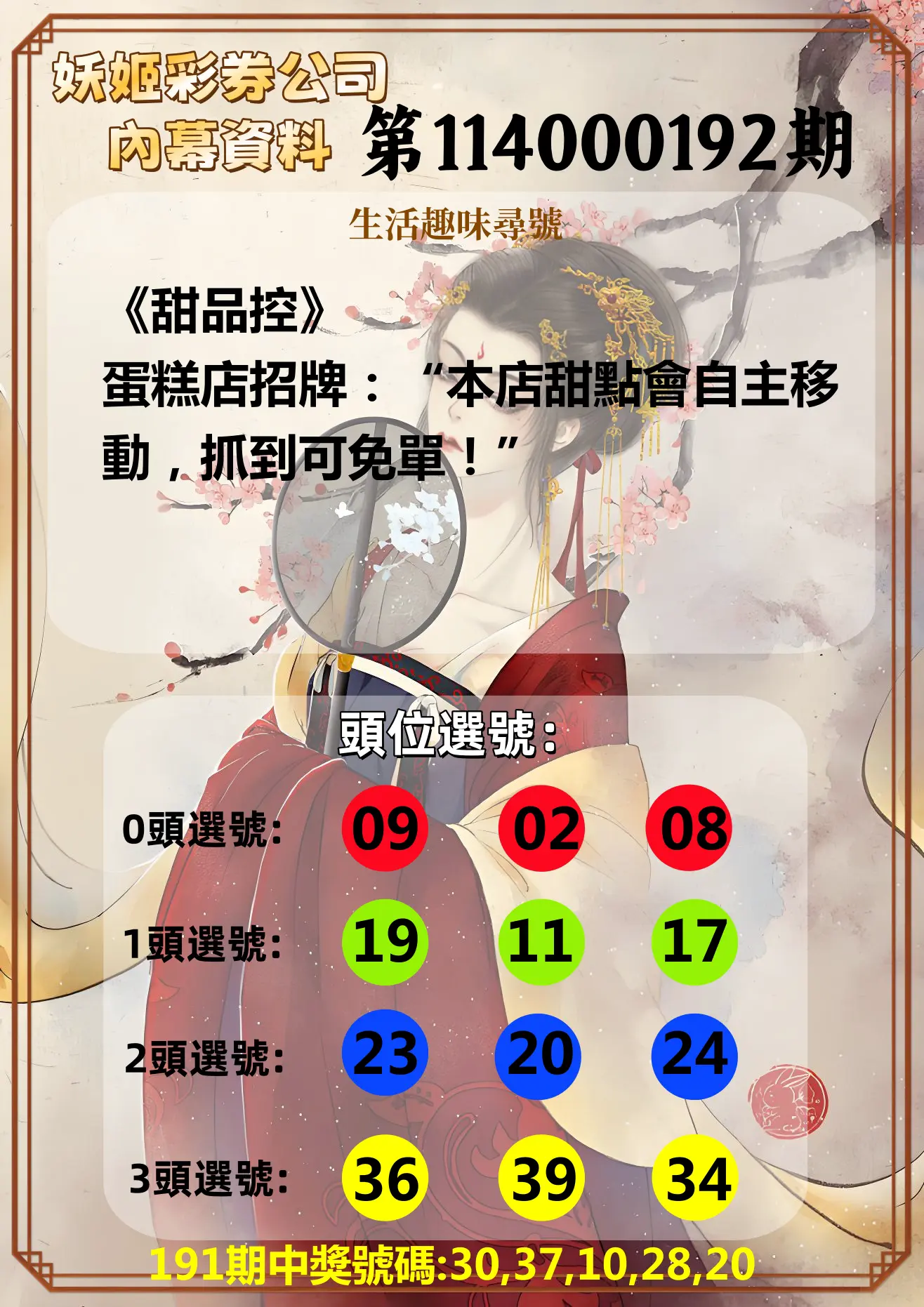 今彩539第114000192期(08/08)妖姬彩券公司內幕資料