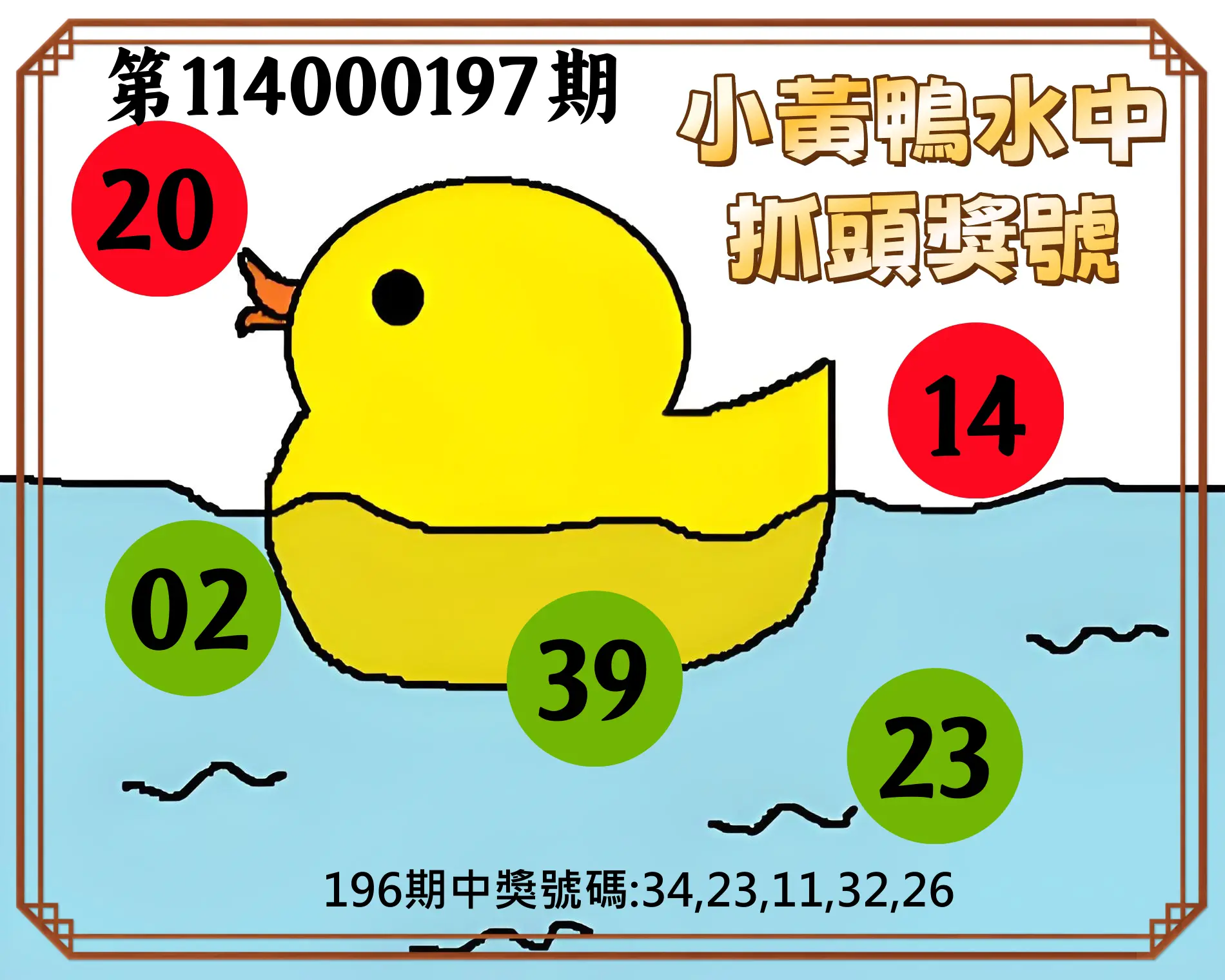 今彩539第114000197期(08/14)小黃鴨水中抓頭獎號