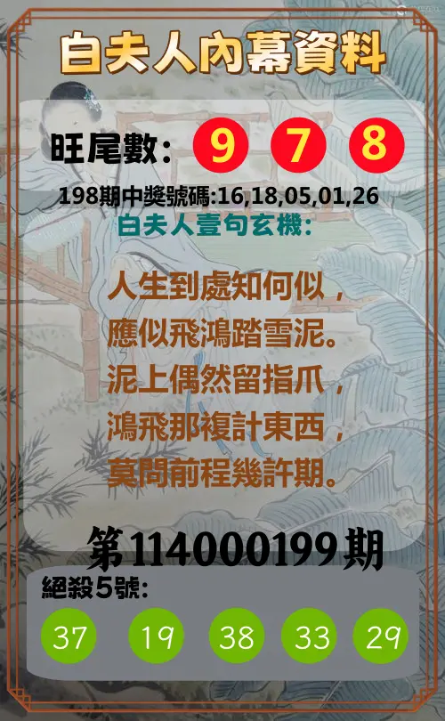 今彩539第114000199期(08/16)白夫人內幕資料