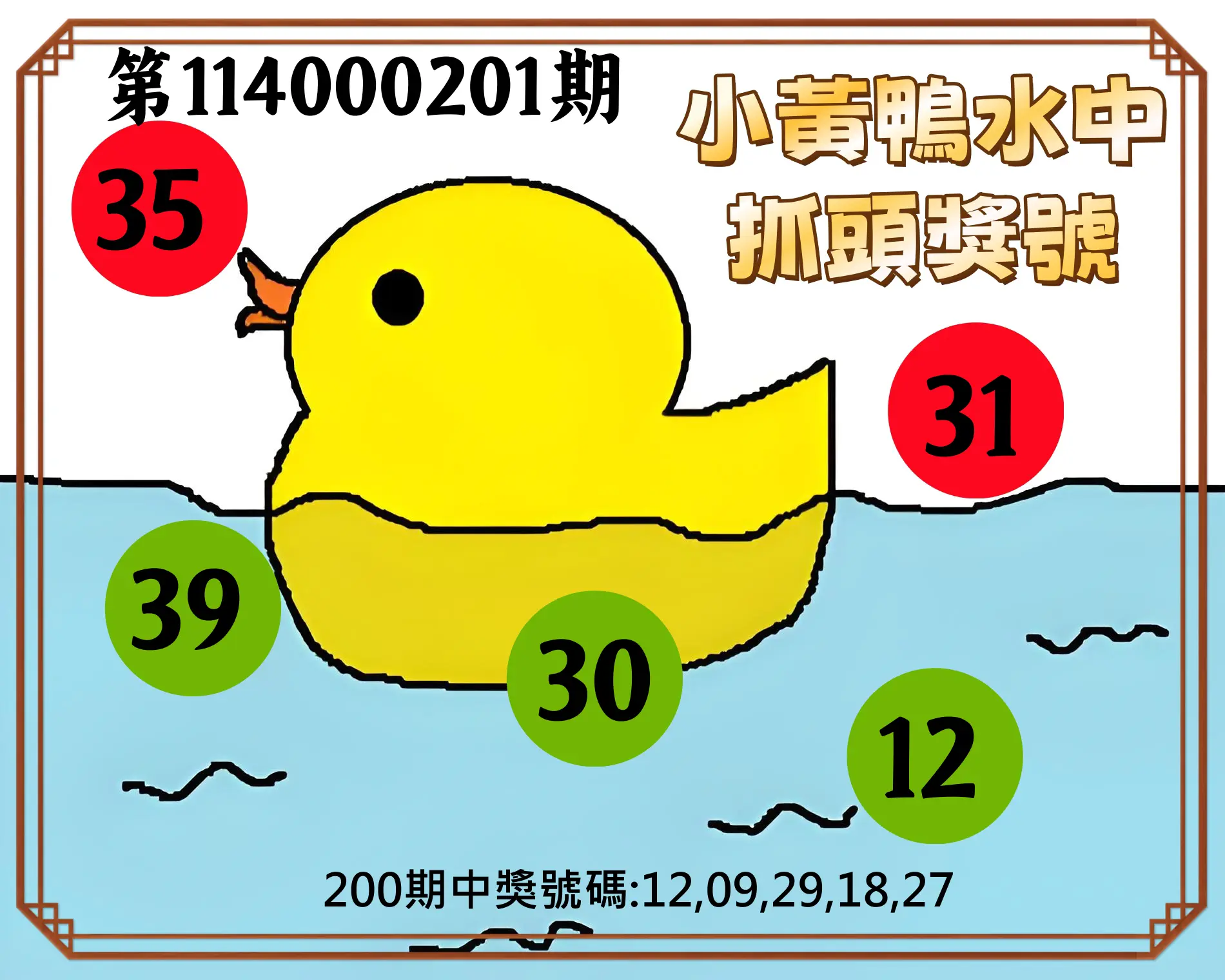 今彩539第114000201期(08/19)小黃鴨水中抓頭獎號
