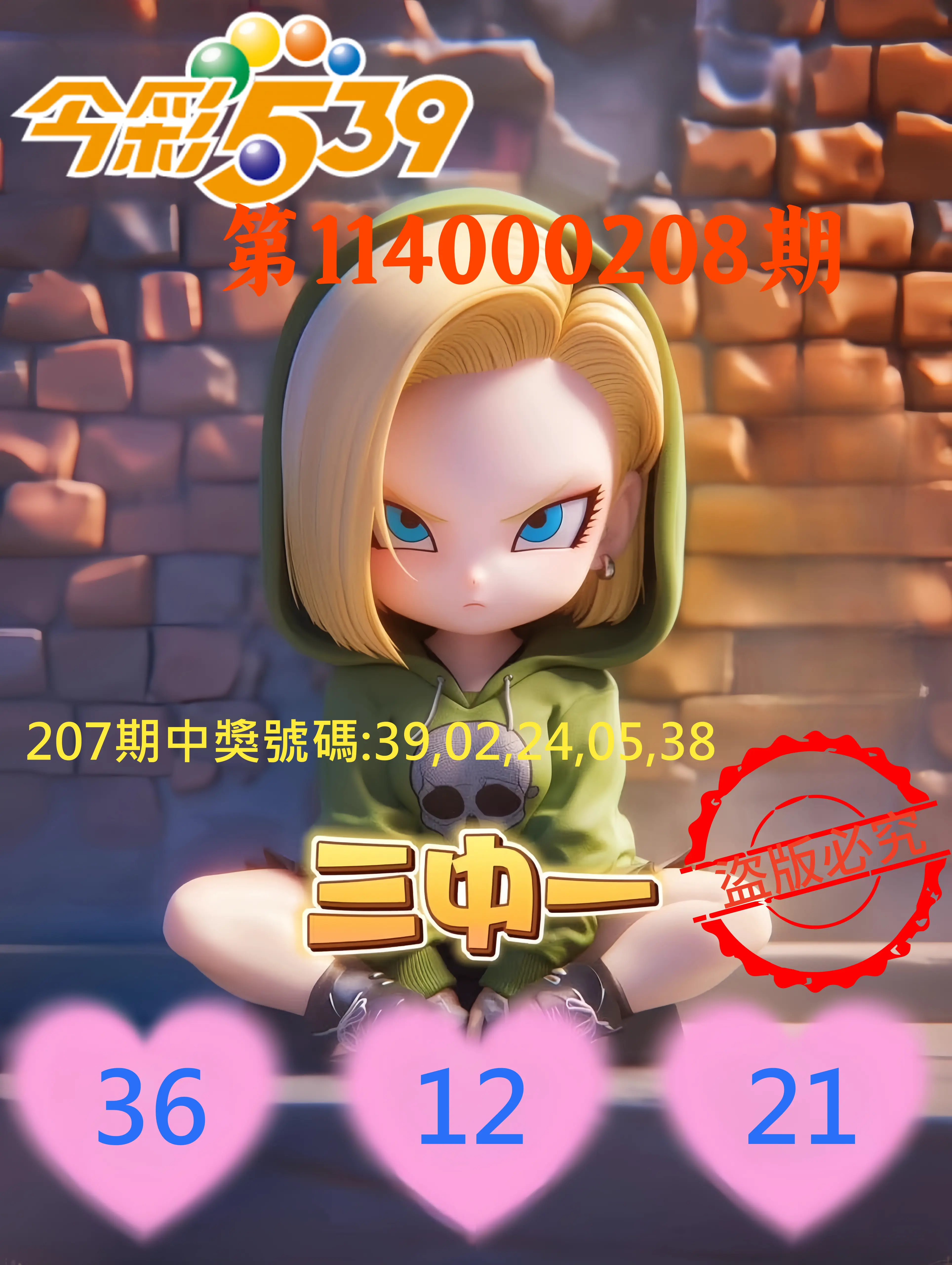 今彩539第114000208期(08/27)今彩539孫恩淑三中壹牌號