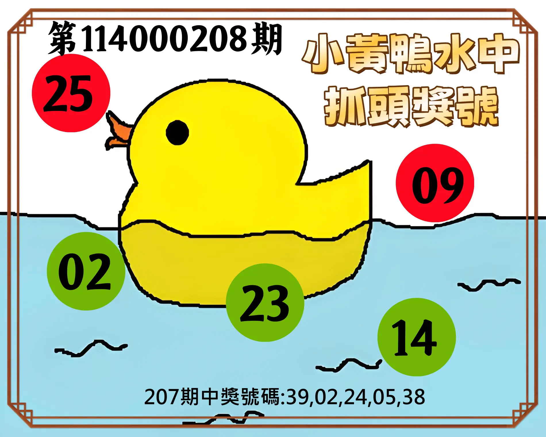 今彩539第114000208期(08/27)小黃鴨水中抓頭獎號