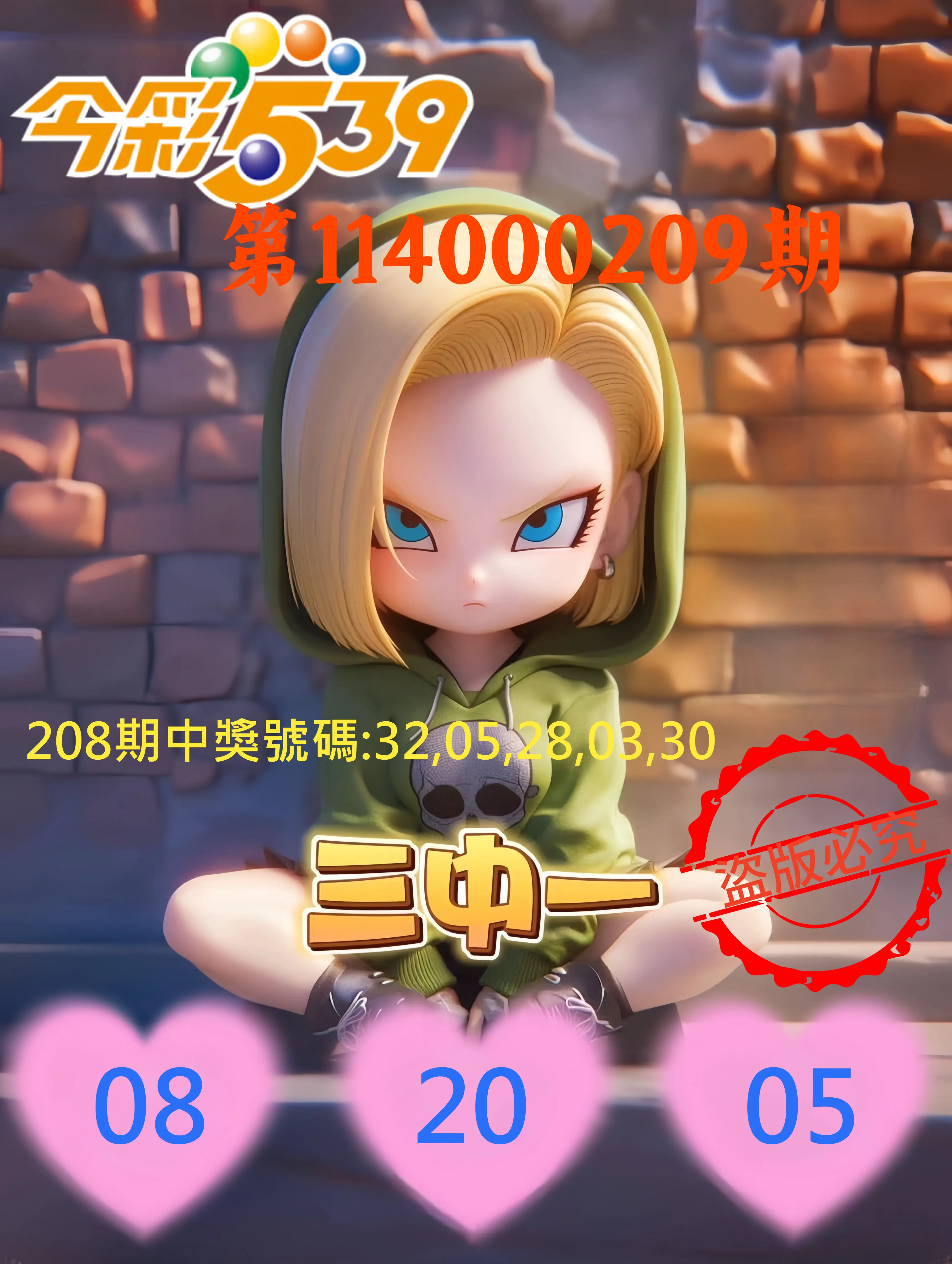 今彩539第114000209期(08/28)今彩539孫恩淑三中壹牌號