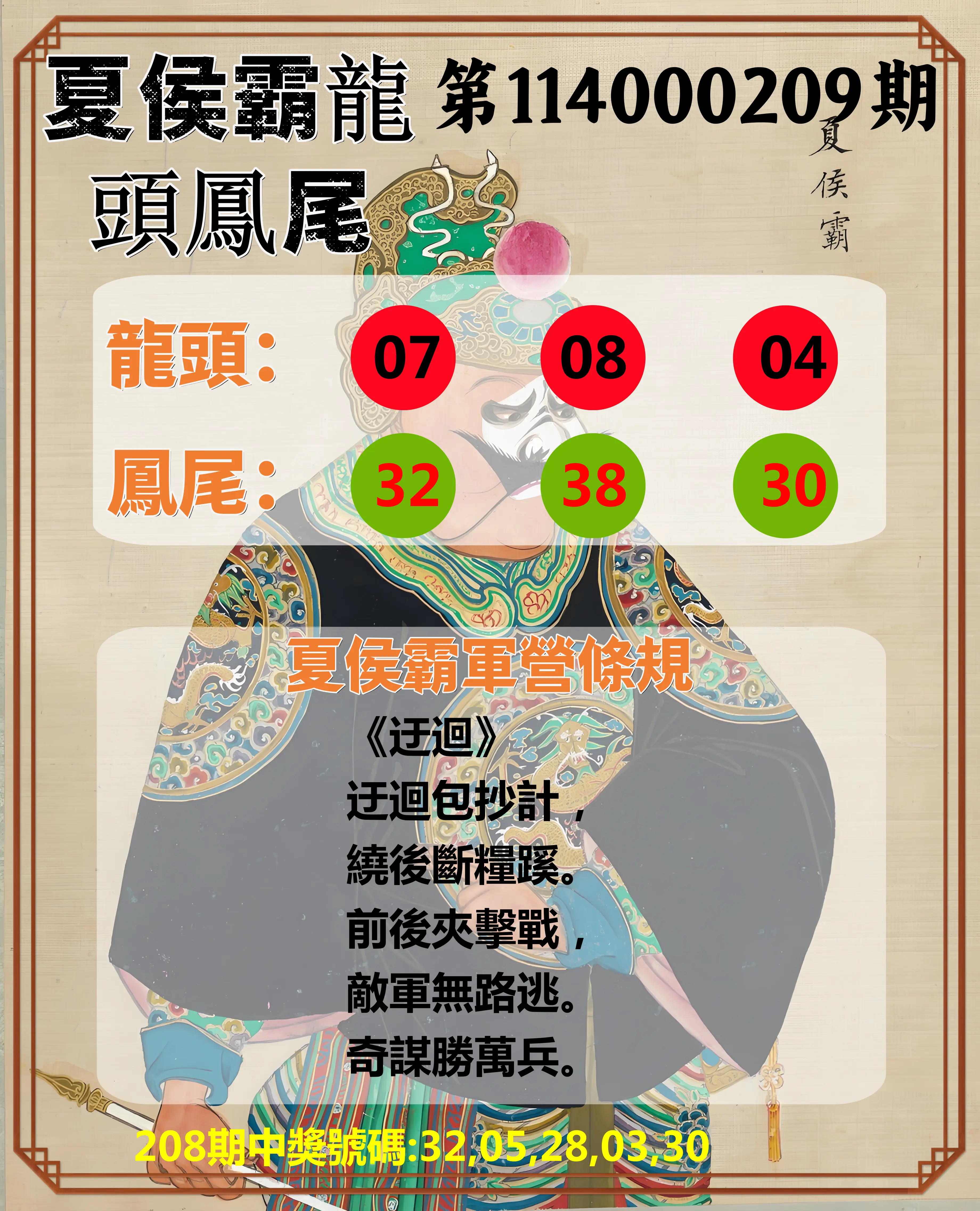今彩539第114000209期(08/28)夏侯霸龍頭鳳尾
