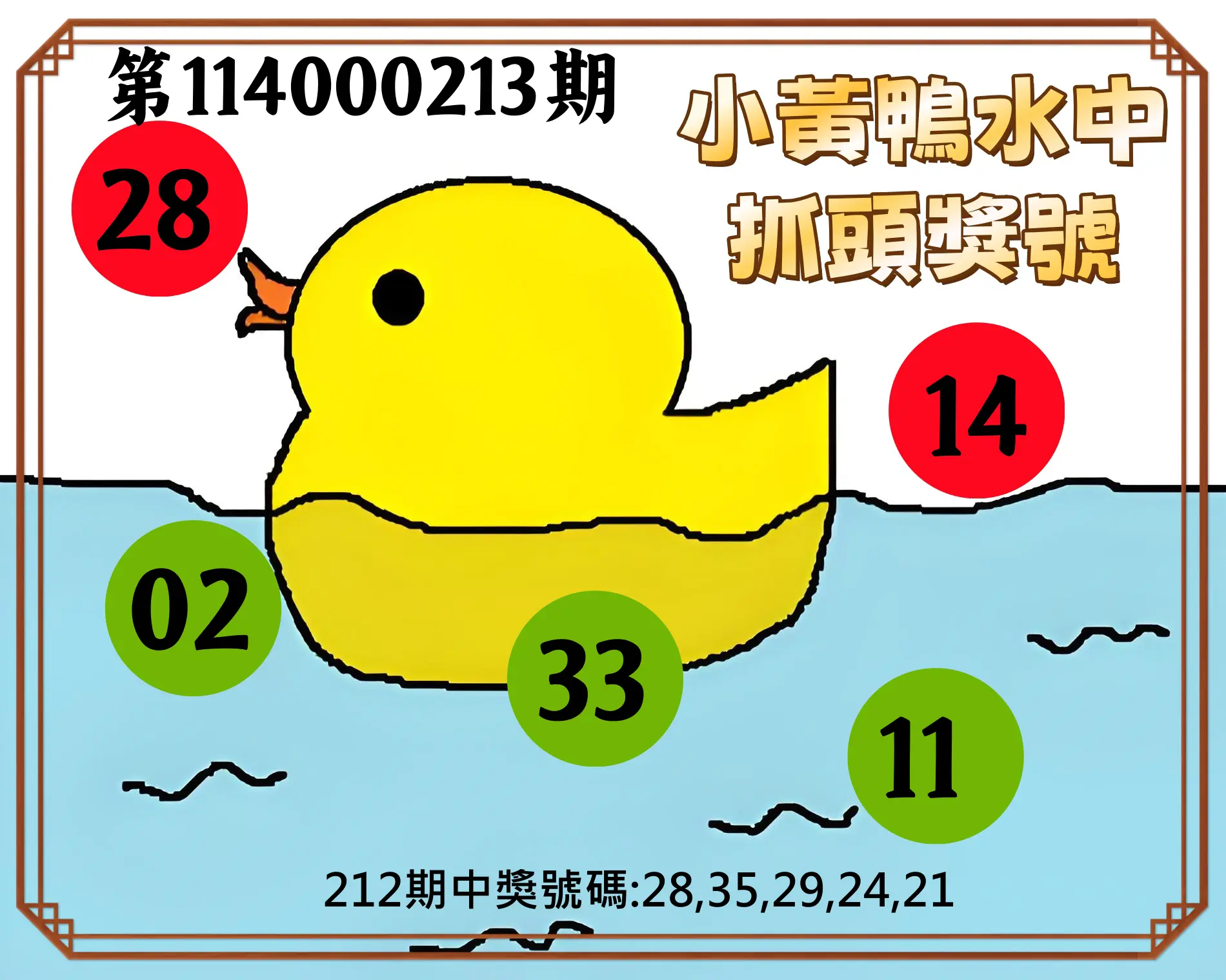 今彩539第114000213期(09/02)小黃鴨水中抓頭獎號