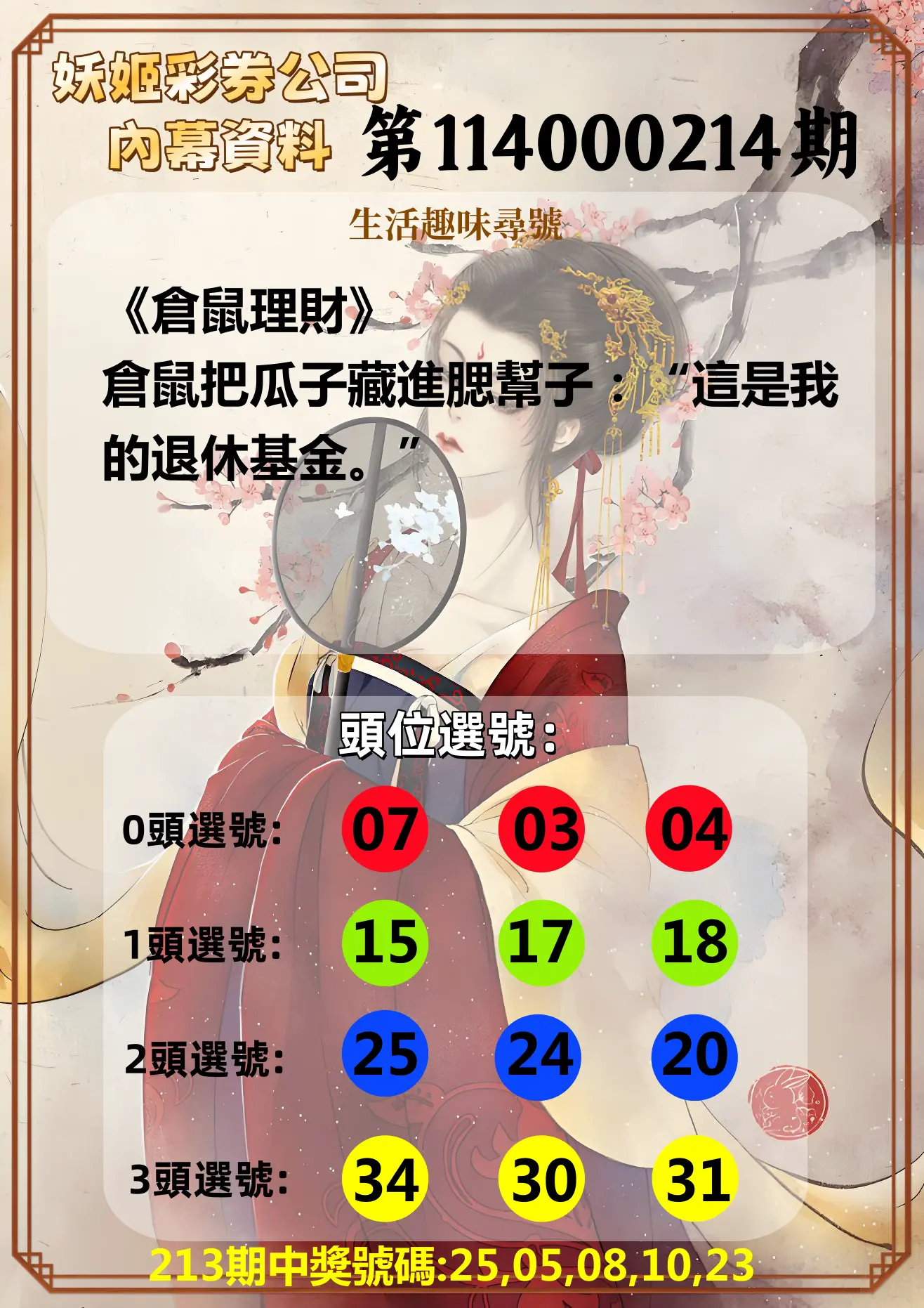 今彩539第114000214期(09/03)妖姬彩券公司內幕資料