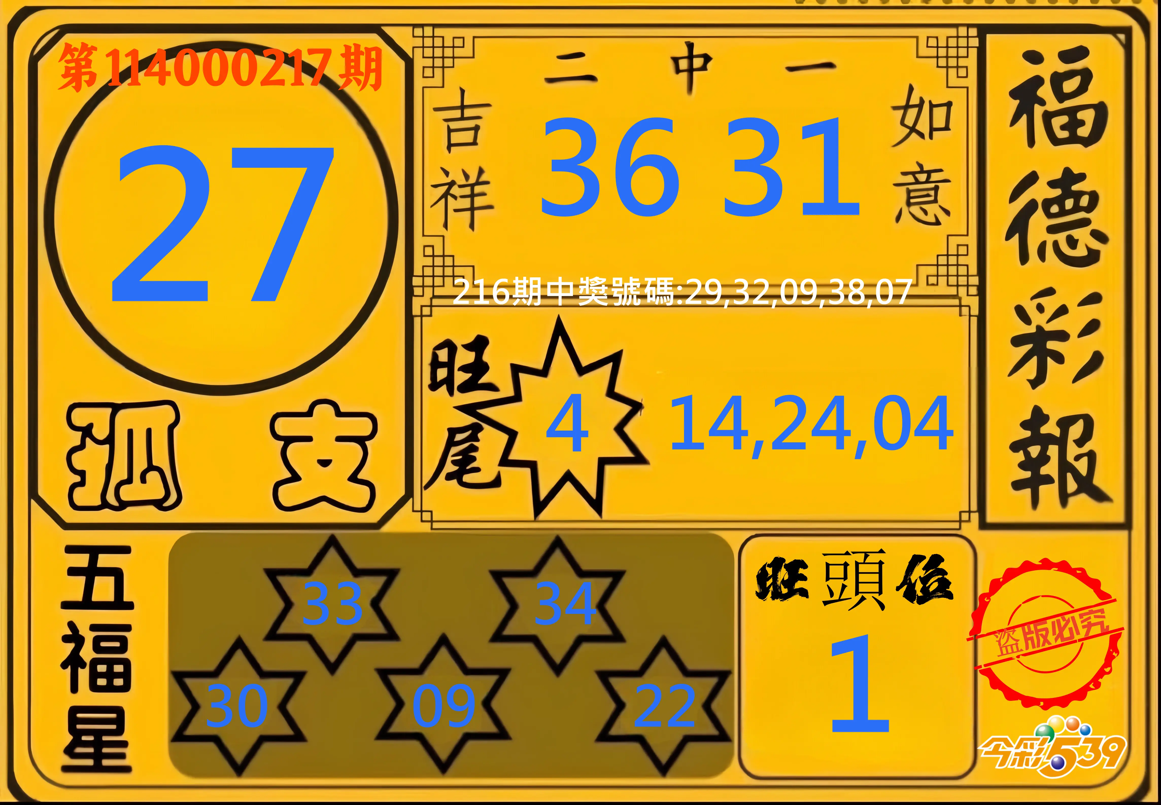 今彩539第114000217期(09/06)今彩539德福彩報牌預測