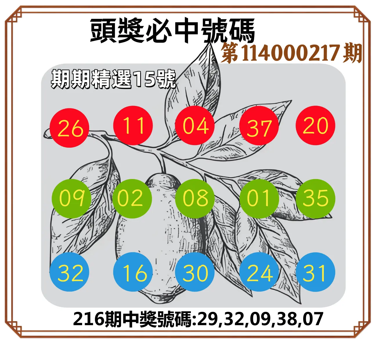 今彩539第114000217期(09/06)頭獎號碼