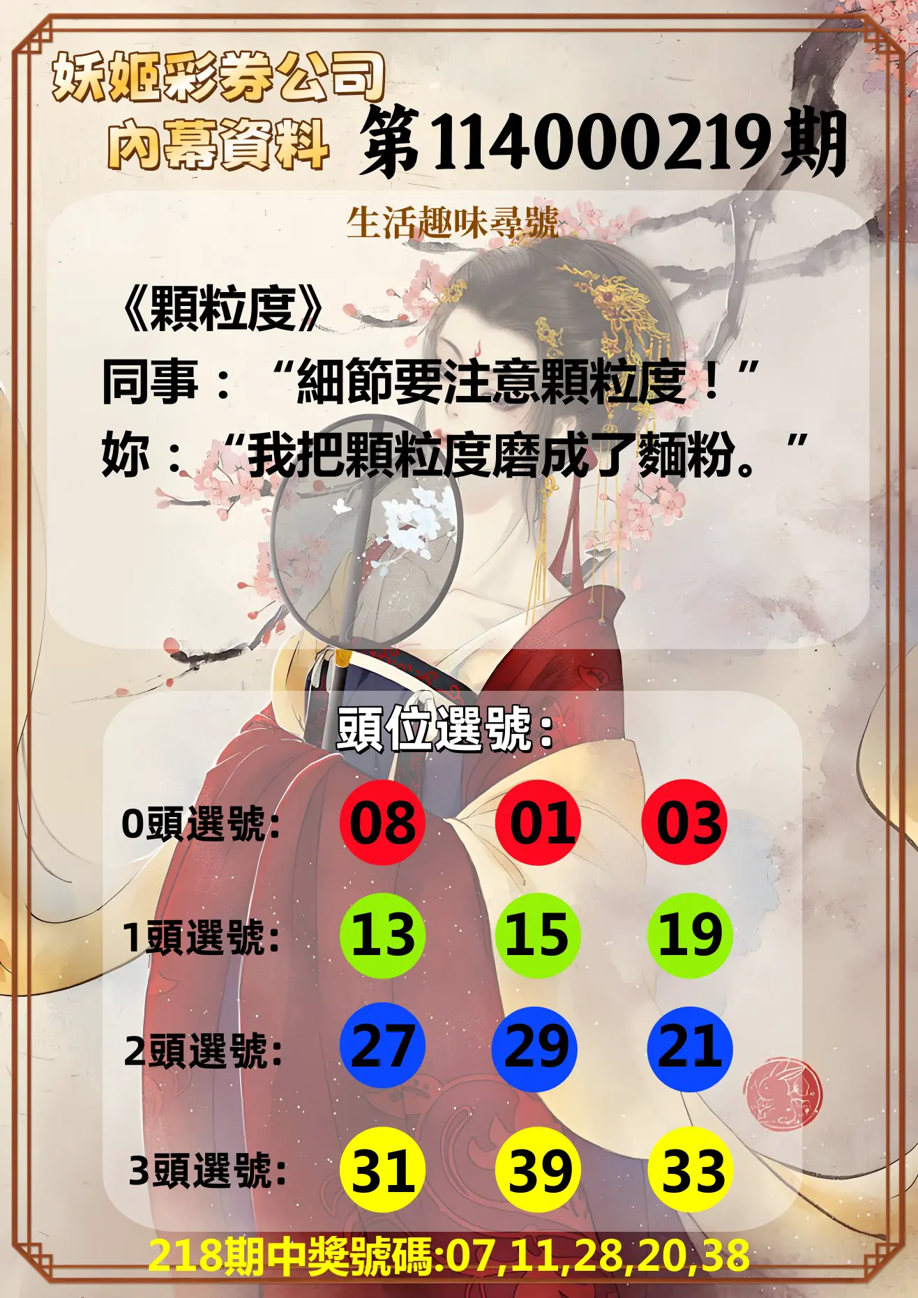 今彩539第114000219期(09/09)妖姬彩券公司內幕資料