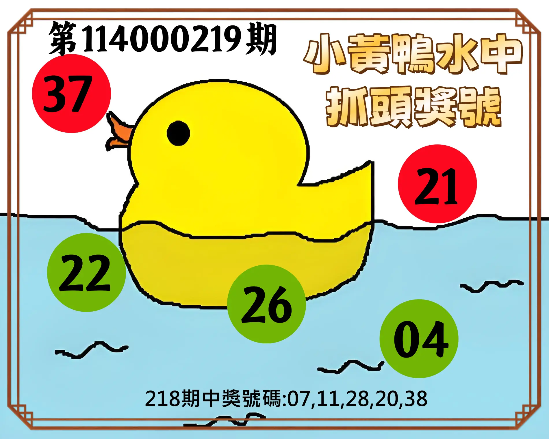 今彩539第114000219期(09/09)小黃鴨水中抓頭獎號