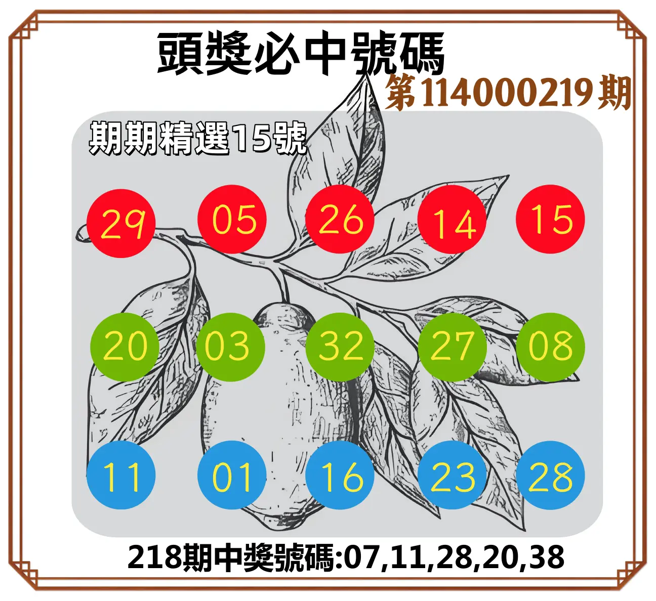 今彩539第114000219期(09/09)頭獎號碼