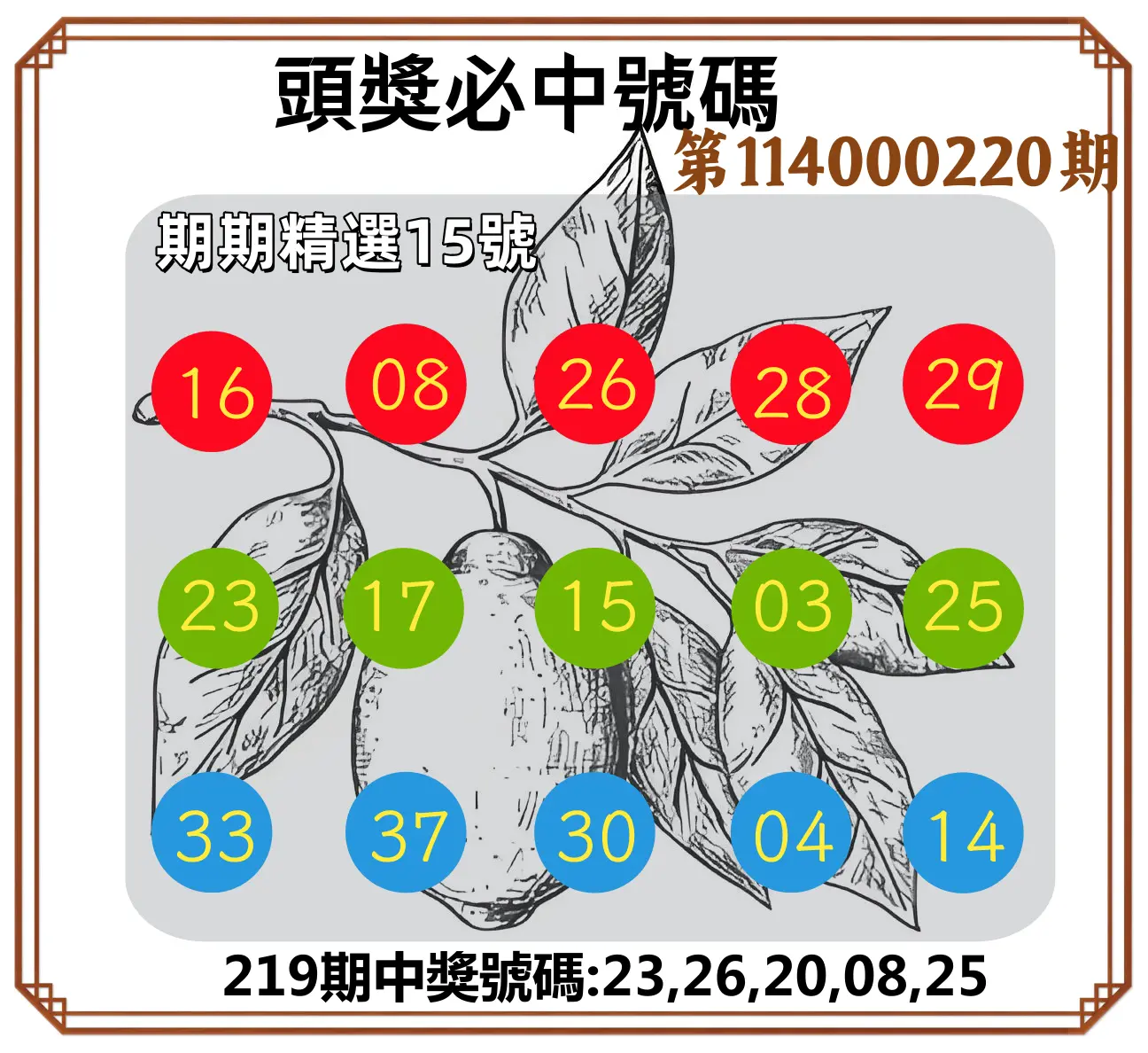 今彩539第114000220期(09/10)頭獎號碼