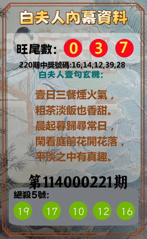 今彩539第114000221期(09/11)白夫人內幕資料