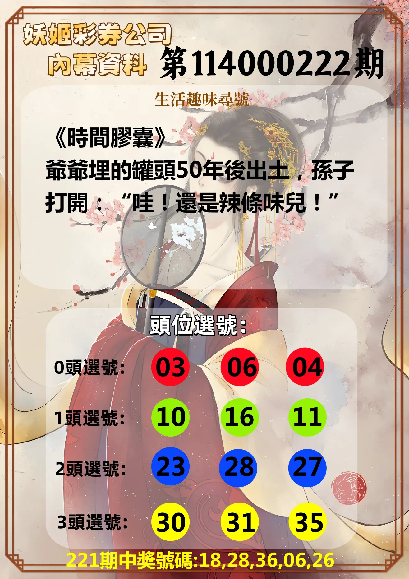 今彩539第114000222期(09/12)妖姬彩券公司內幕資料